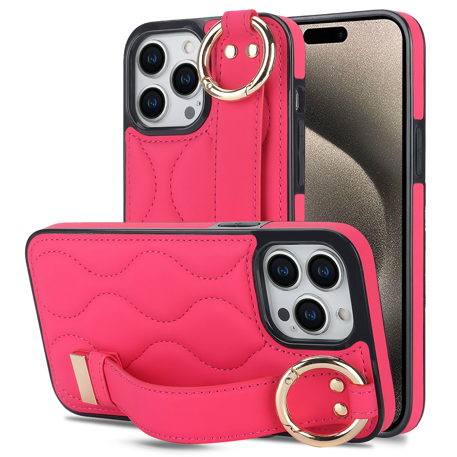 For iPhone 15 Pro Max Case Wave Pattern Kickstand PU+TPU Phone Case - Black