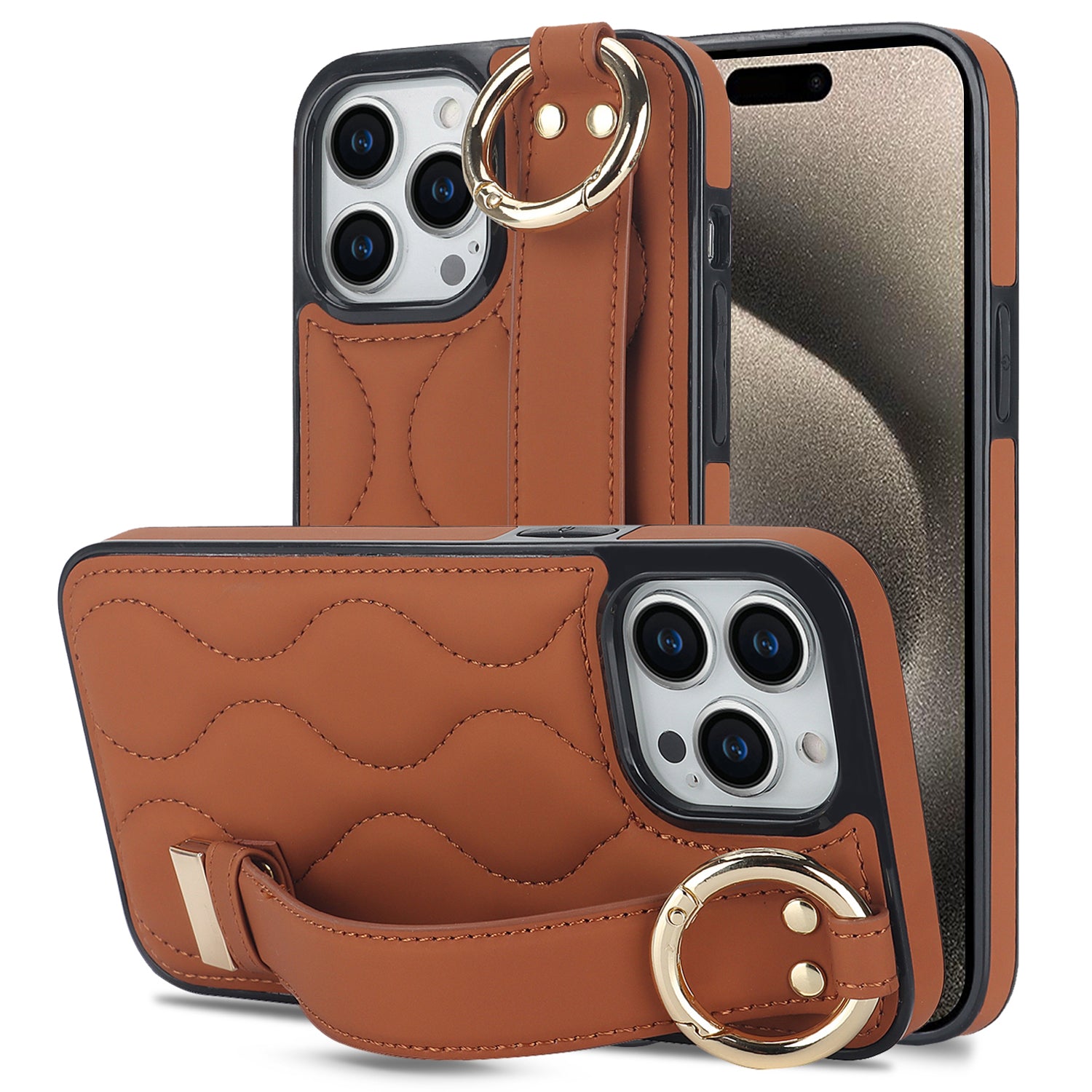 For iPhone 15 Pro Max Case Wave Pattern Kickstand PU+TPU Phone Case - Black