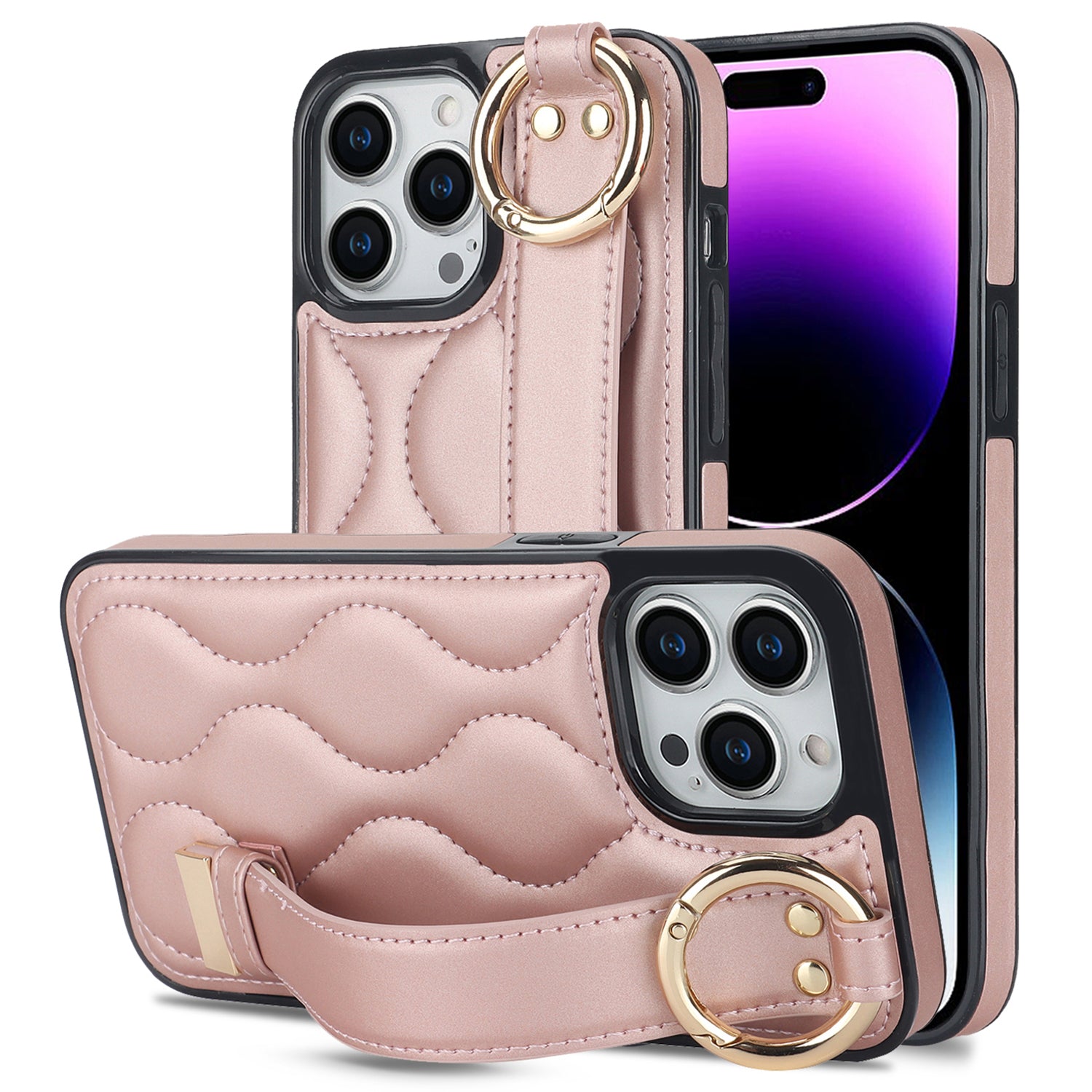 For iPhone 14 Pro PU+TPU Case Wave Pattern Shockproof Kickstand Phone Case - Rose Gold