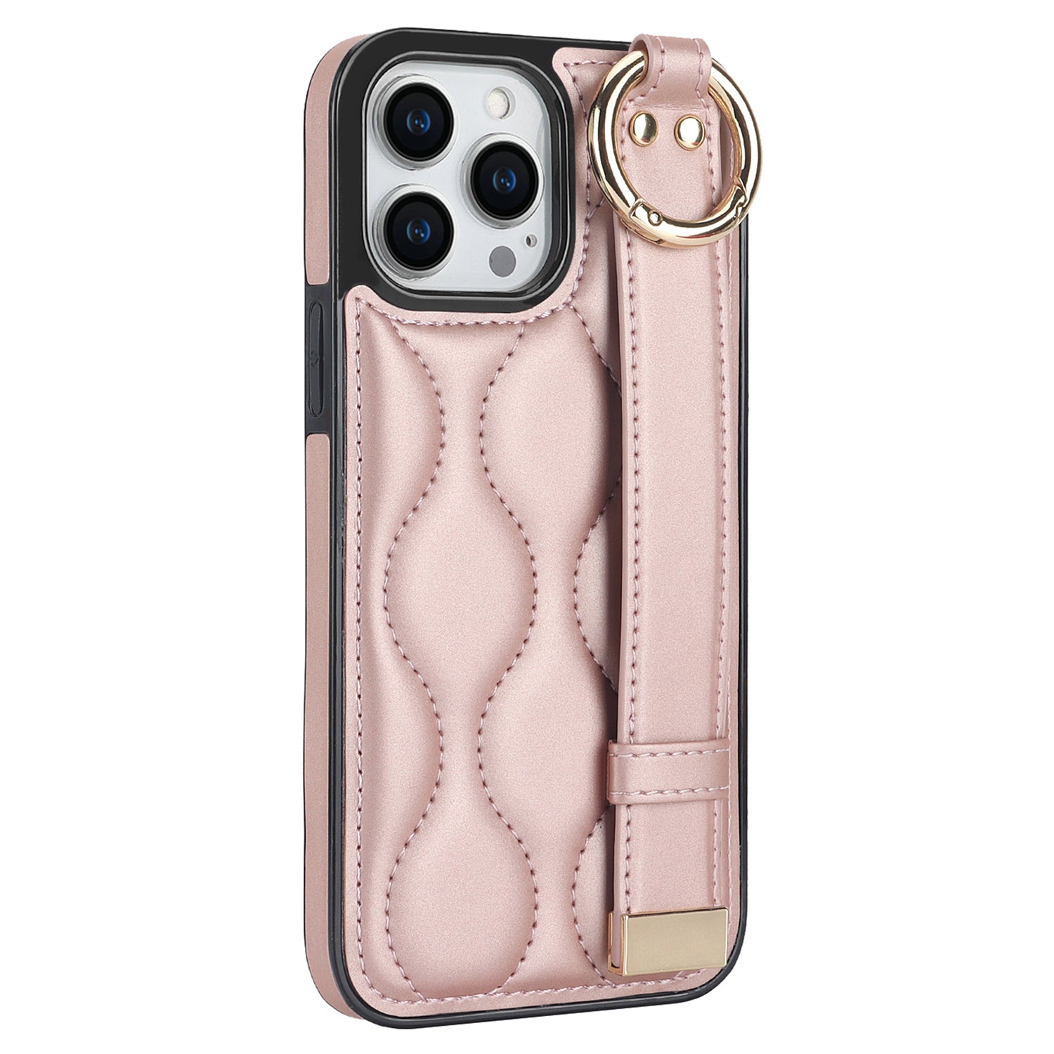 For iPhone 14 Pro PU+TPU Case Wave Pattern Shockproof Kickstand Phone Case - Rose Gold