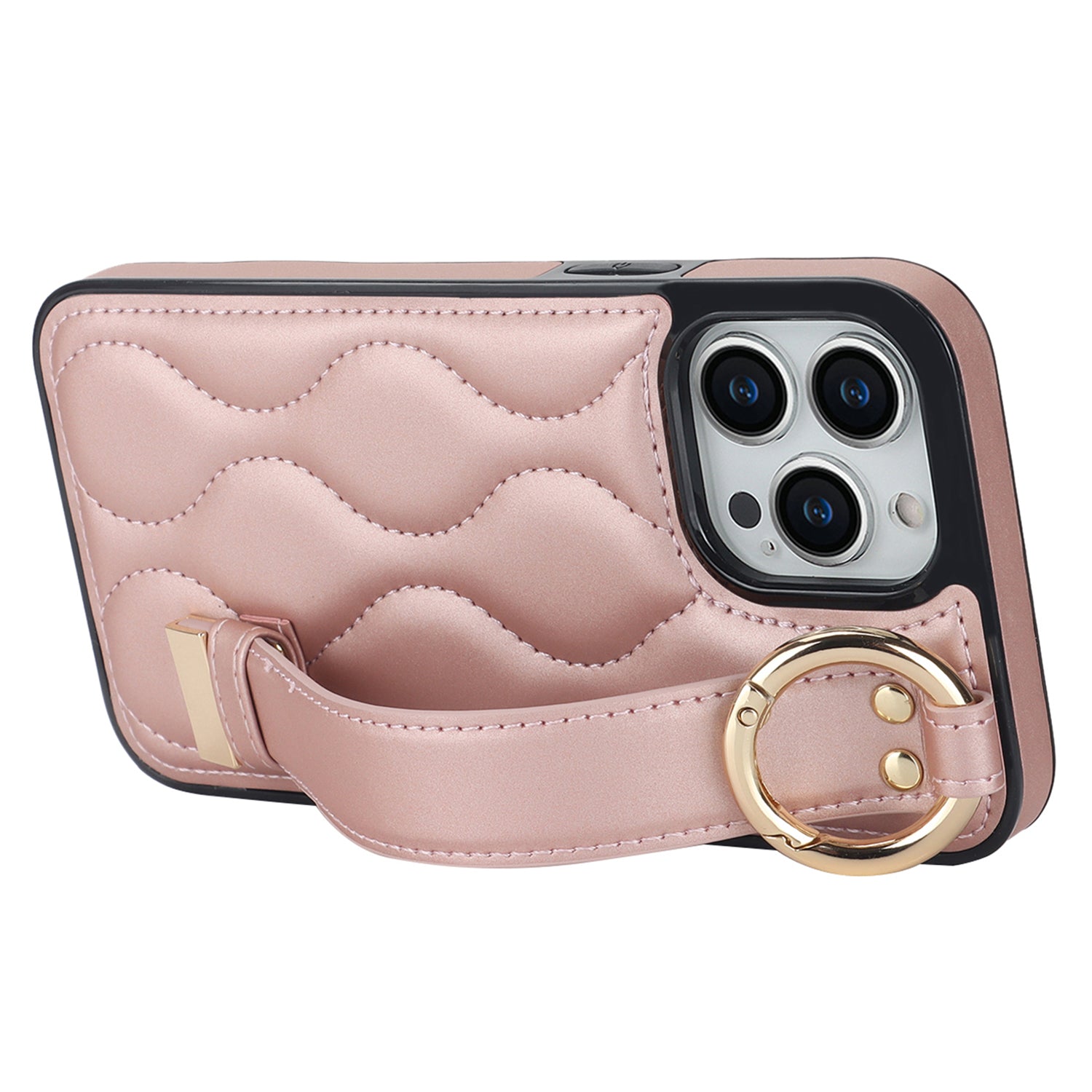For iPhone 14 Pro PU+TPU Case Wave Pattern Shockproof Kickstand Phone Case - Rose Gold