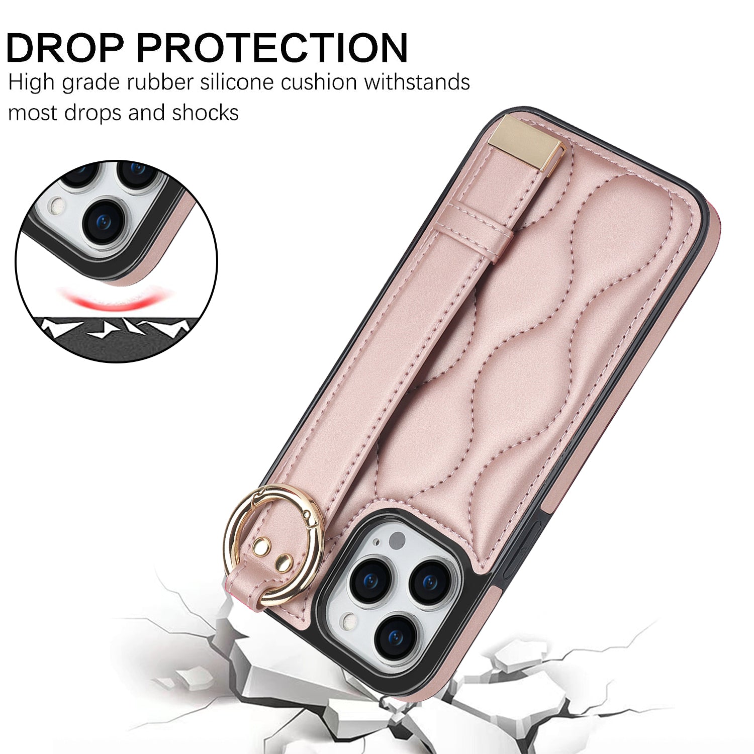 For iPhone 14 Pro PU+TPU Case Wave Pattern Shockproof Kickstand Phone Case - Rose Gold