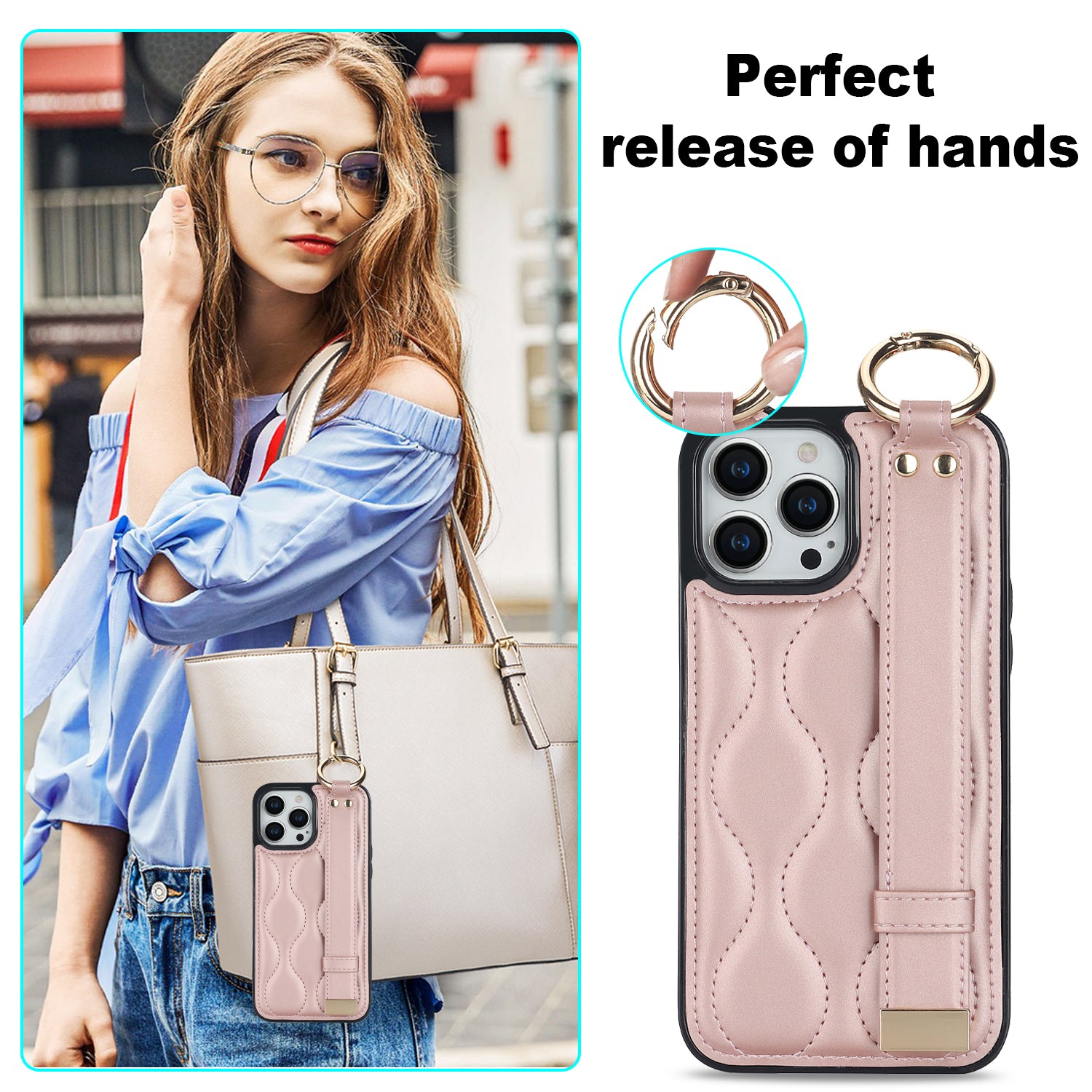 For iPhone 14 Pro PU+TPU Case Wave Pattern Shockproof Kickstand Phone Case - Rose Gold