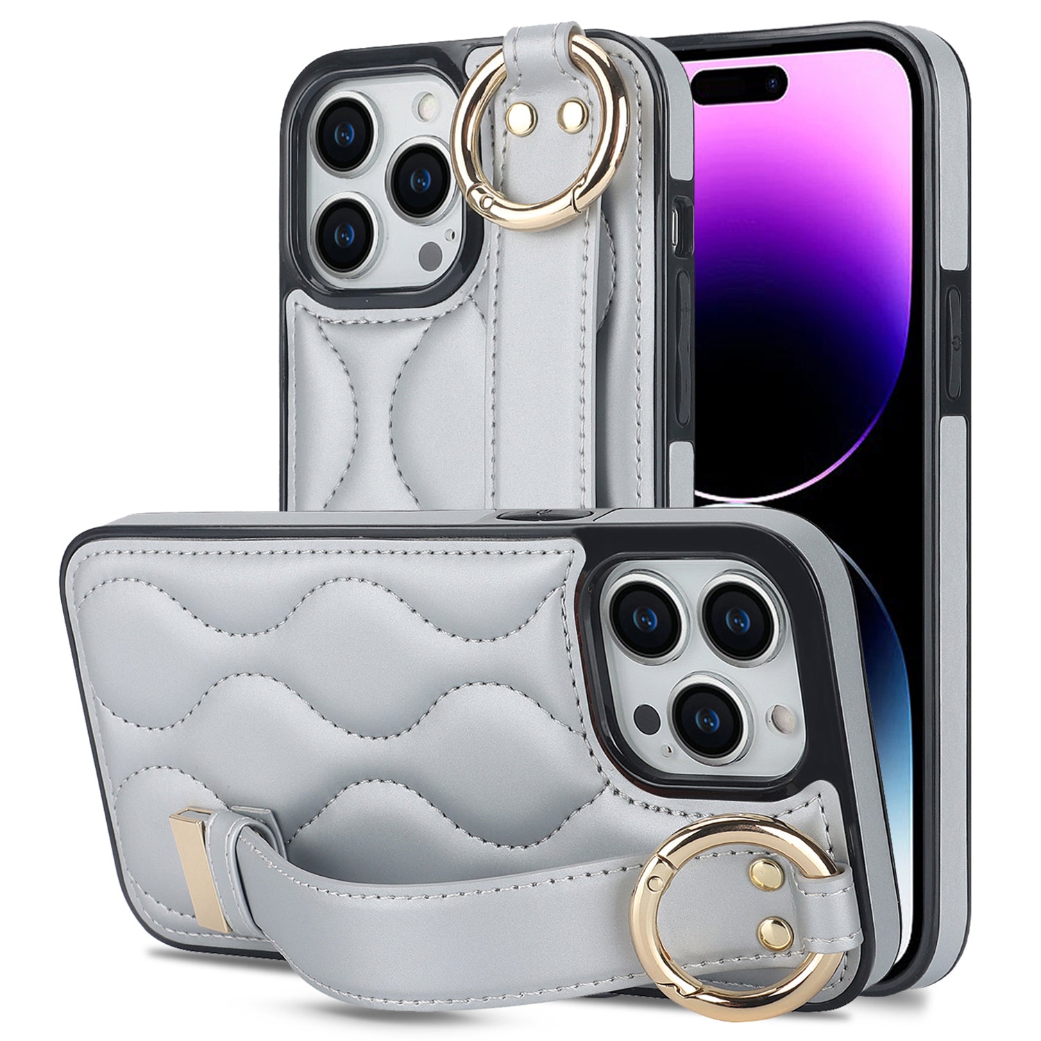For iPhone 14 Pro PU+TPU Case Wave Pattern Shockproof Kickstand Phone Case - Rose Gold