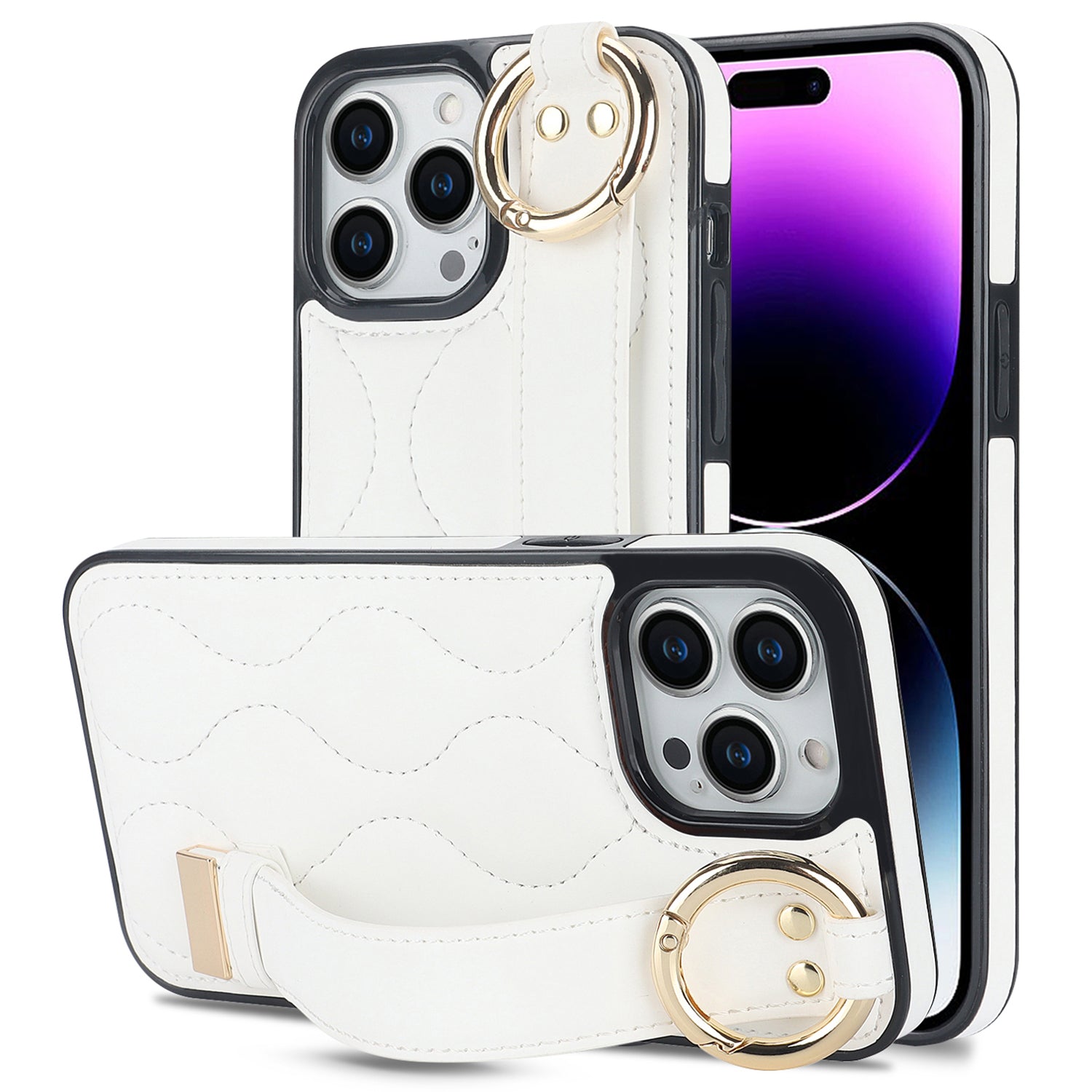 For iPhone 14 Pro PU+TPU Case Wave Pattern Shockproof Kickstand Phone Case - Rose Gold