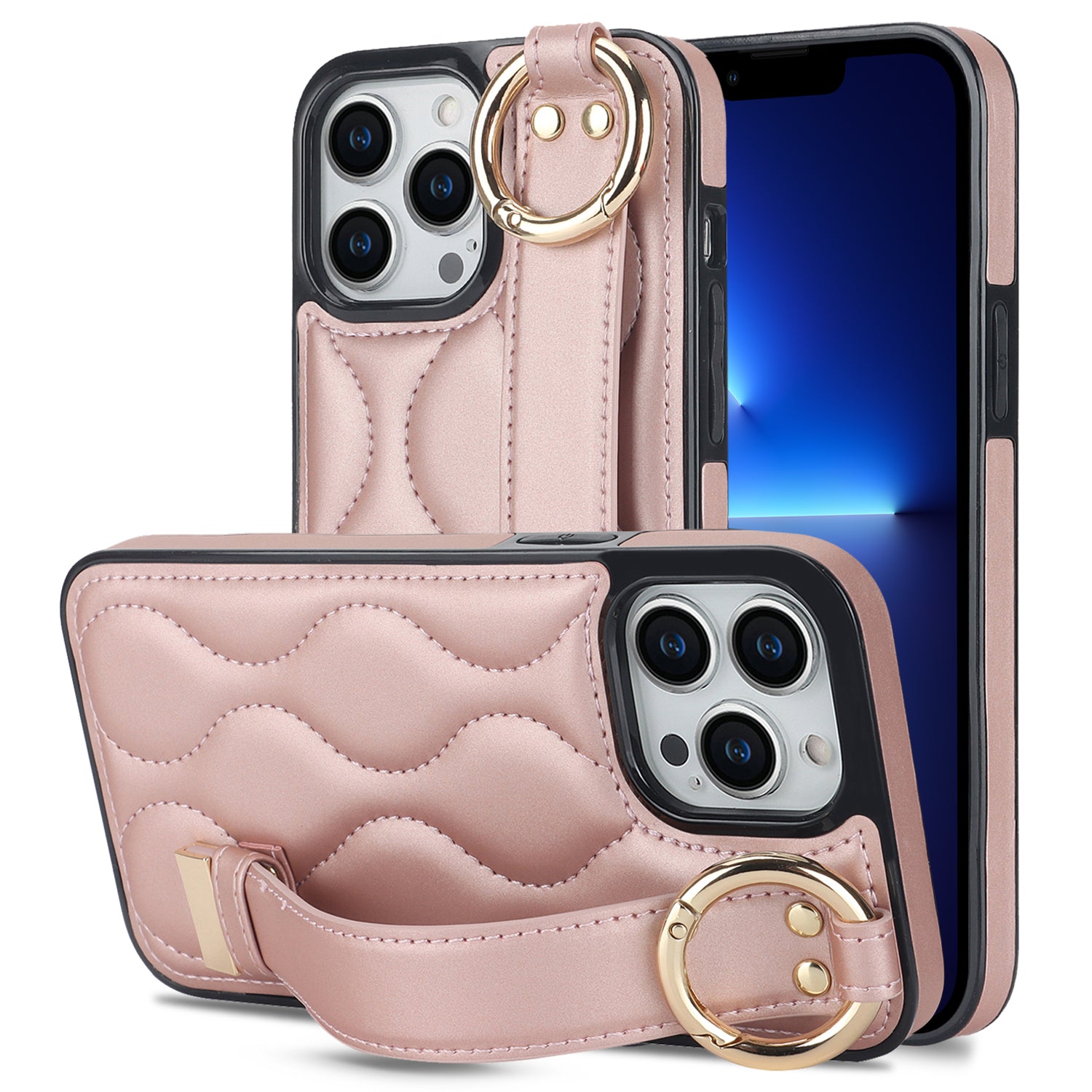 For iPhone 13 Pro Kickstand Case Wave Pattern Anti-Drop PU+TPU Phone Protector - Rose Gold