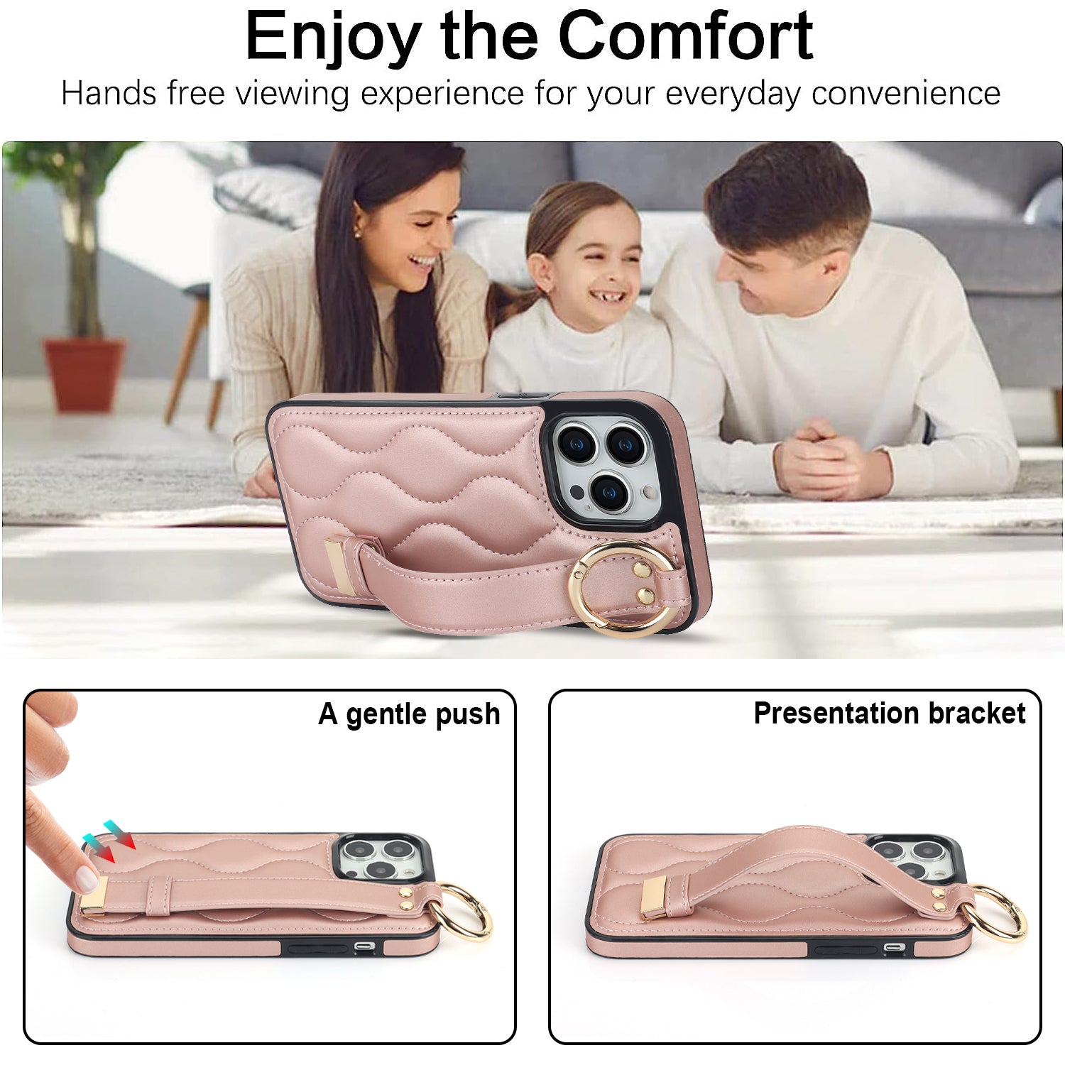 For iPhone 13 Pro Kickstand Case Wave Pattern Anti-Drop PU+TPU Phone Protector - Rose Gold