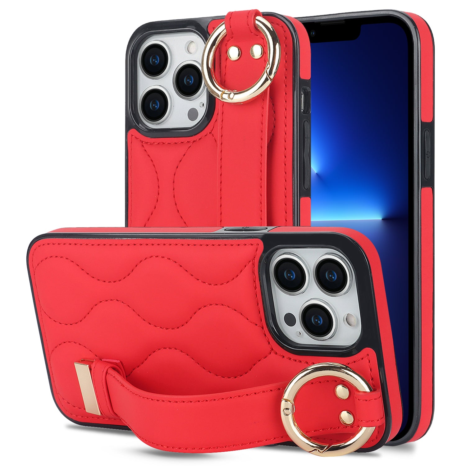 For iPhone 13 Pro Kickstand Case Wave Pattern Anti-Drop PU+TPU Phone Protector - Rose Gold