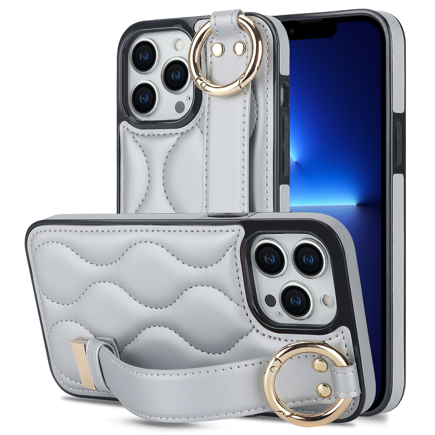 For iPhone 13 Pro Kickstand Case Wave Pattern Anti-Drop PU+TPU Phone Protector - Rose Gold