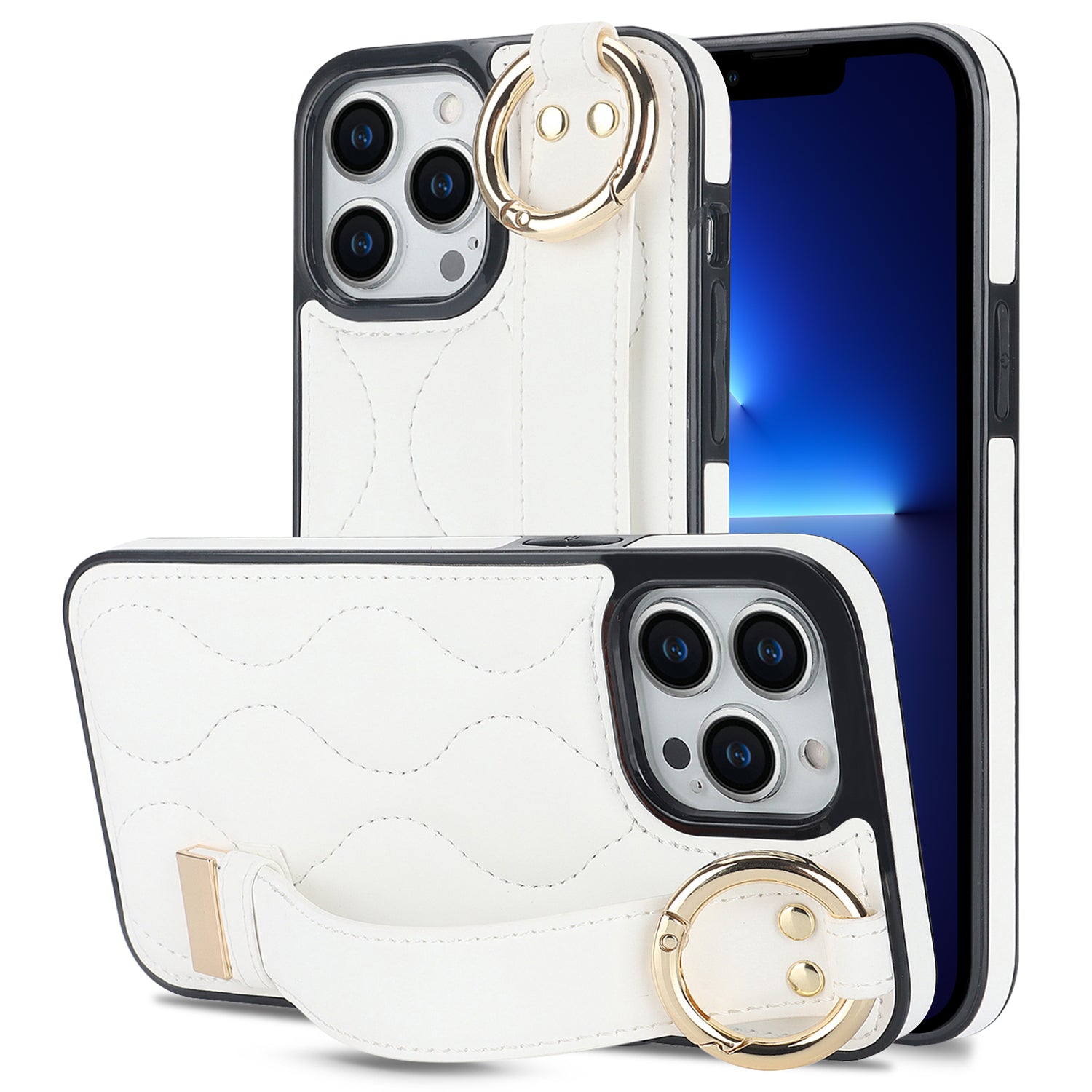 For iPhone 13 Pro Kickstand Case Wave Pattern Anti-Drop PU+TPU Phone Protector - Rose Gold