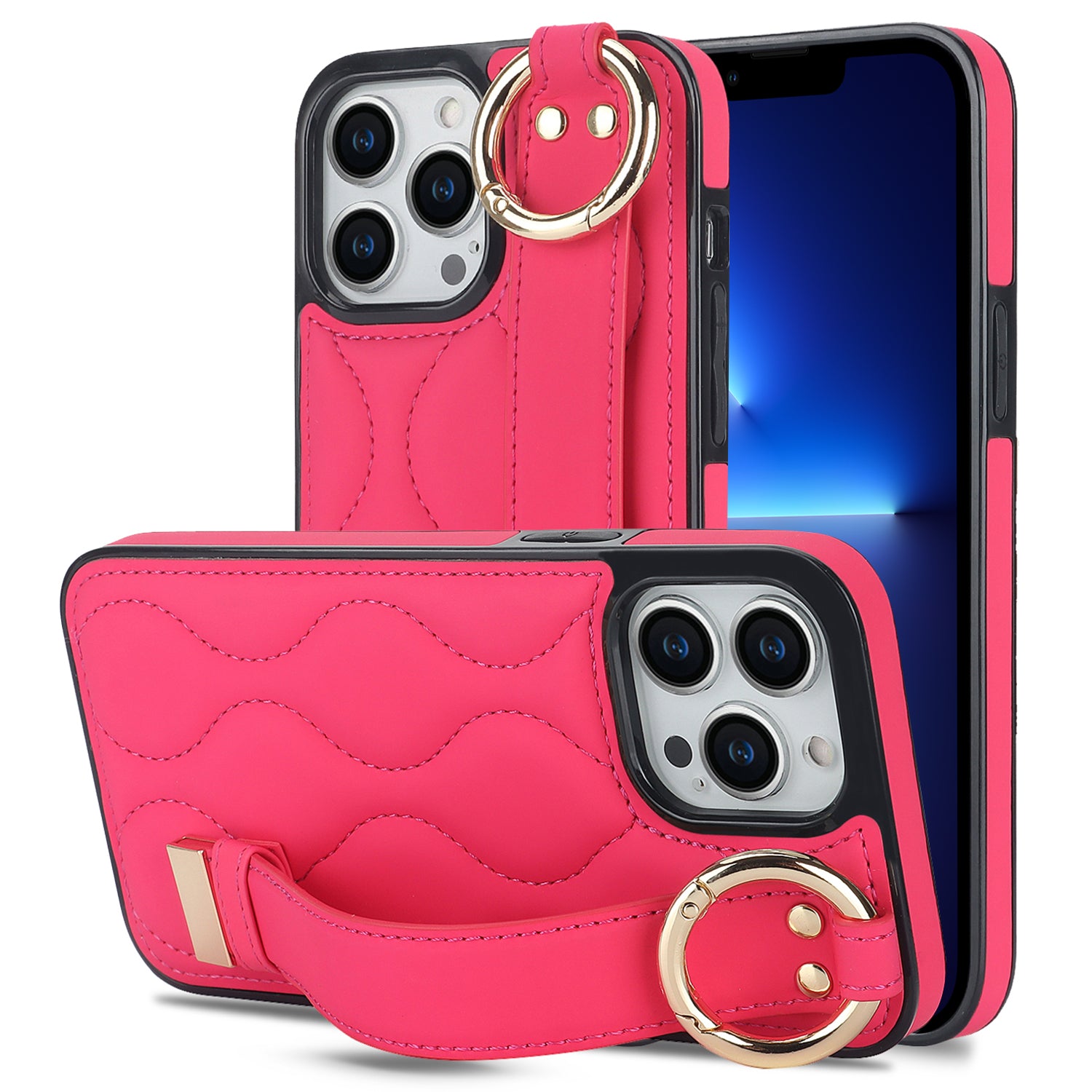 For iPhone 13 Pro Kickstand Case Wave Pattern Anti-Drop PU+TPU Phone Protector - Rose Gold