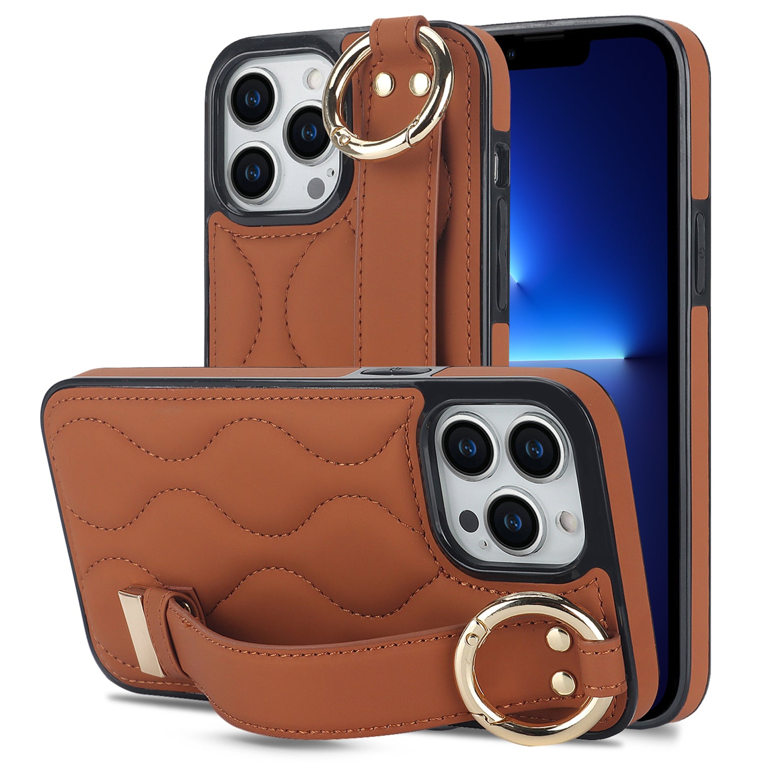 For iPhone 13 Pro Kickstand Case Wave Pattern Anti-Drop PU+TPU Phone Protector - Rose Gold