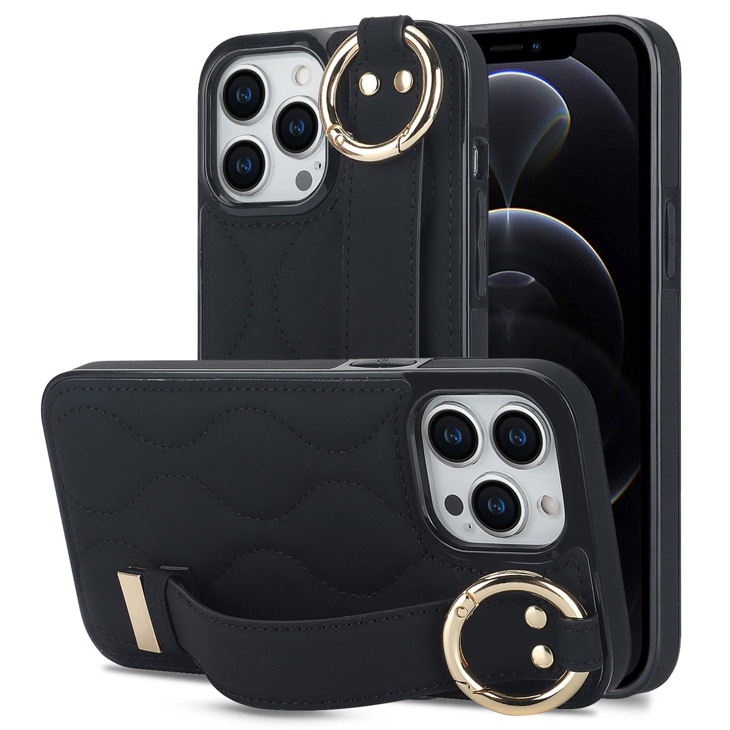 For iPhone 12 Pro Protective Case Wave Pattern PU+TPU Kickstand Phone Cover - Black