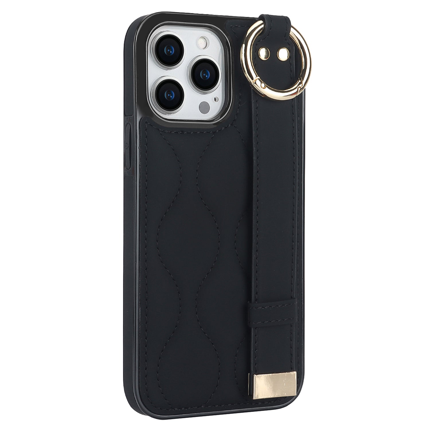 For iPhone 12 Pro Protective Case Wave Pattern PU+TPU Kickstand Phone Cover - Black