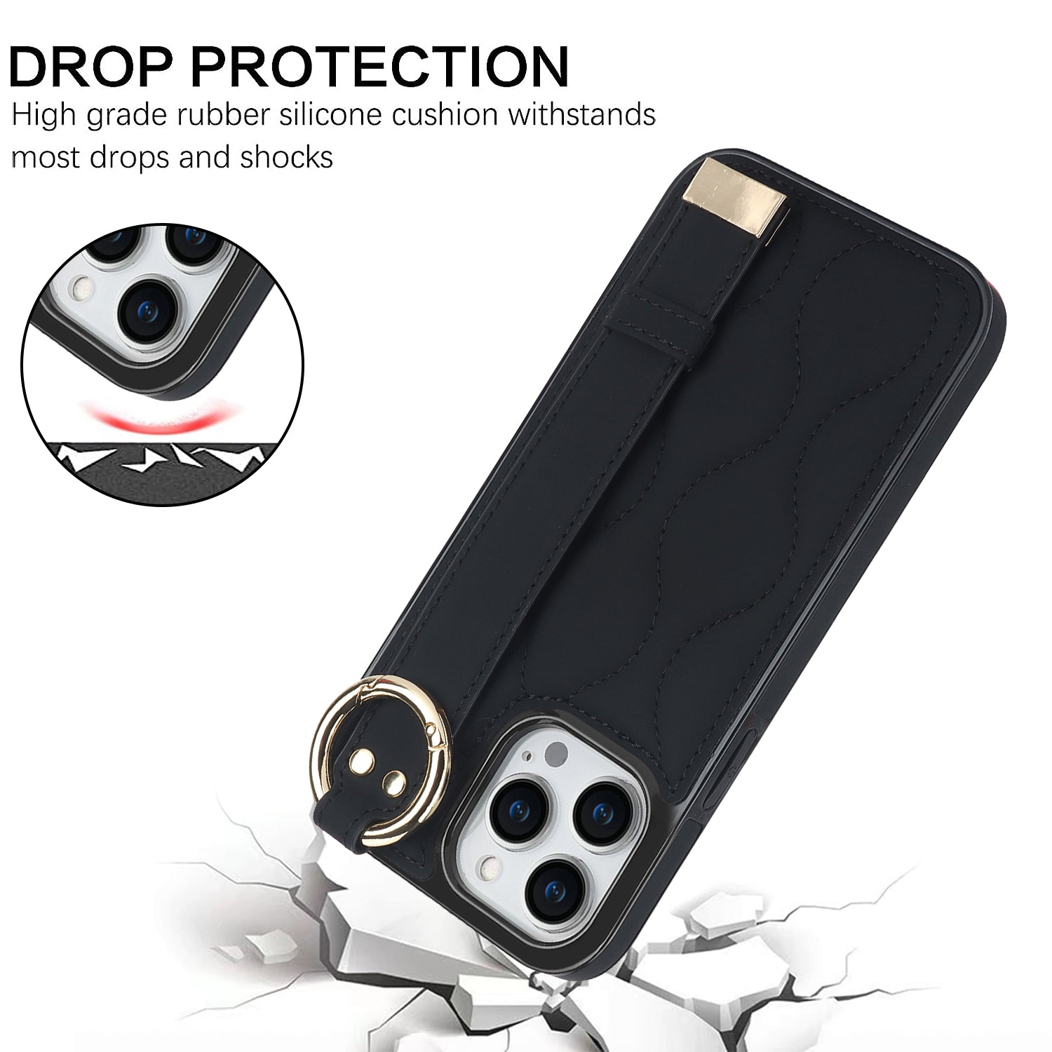 For iPhone 12 Pro Protective Case Wave Pattern PU+TPU Kickstand Phone Cover - Black