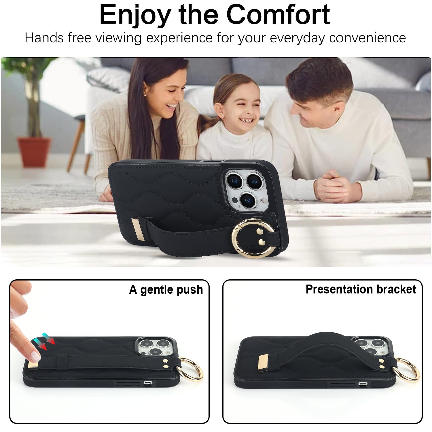 For iPhone 12 Pro Protective Case Wave Pattern PU+TPU Kickstand Phone Cover - Black
