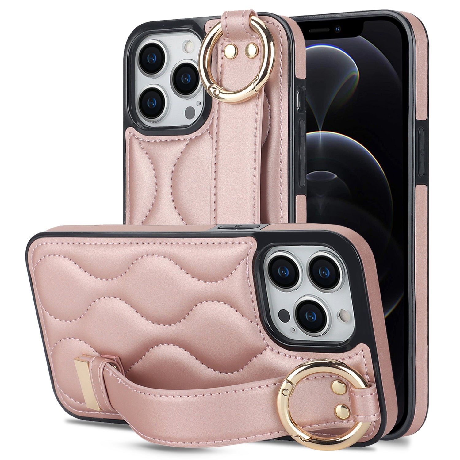 For iPhone 12 Pro Protective Case Wave Pattern PU+TPU Kickstand Phone Cover - Black