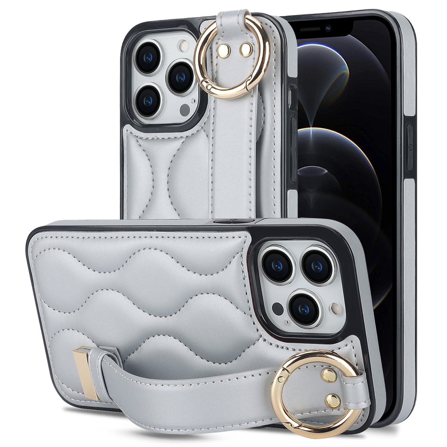 For iPhone 12 Pro Protective Case Wave Pattern PU+TPU Kickstand Phone Cover - Black