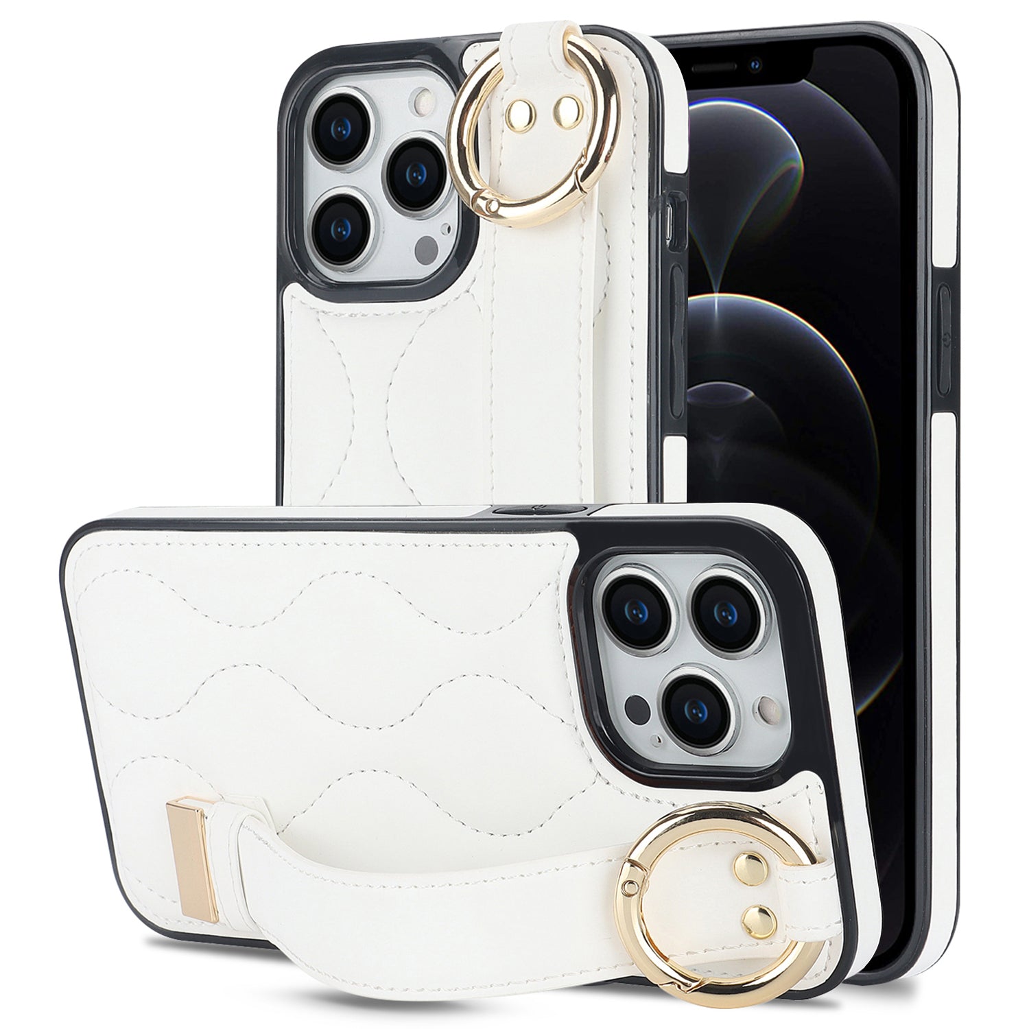For iPhone 12 Pro Protective Case Wave Pattern PU+TPU Kickstand Phone Cover - Black