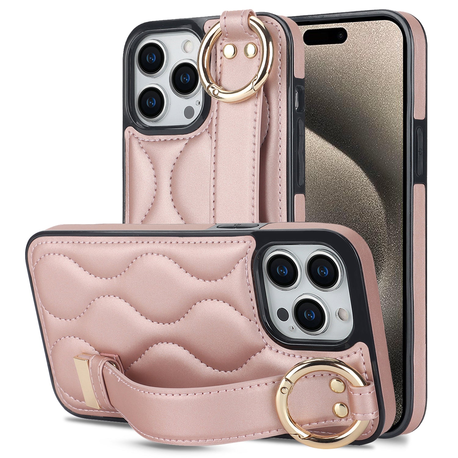 For iPhone 15 Pro Kickstand Case Wave Pattern Anti-Scratch PU+TPU Phone Cover - Rose Gold