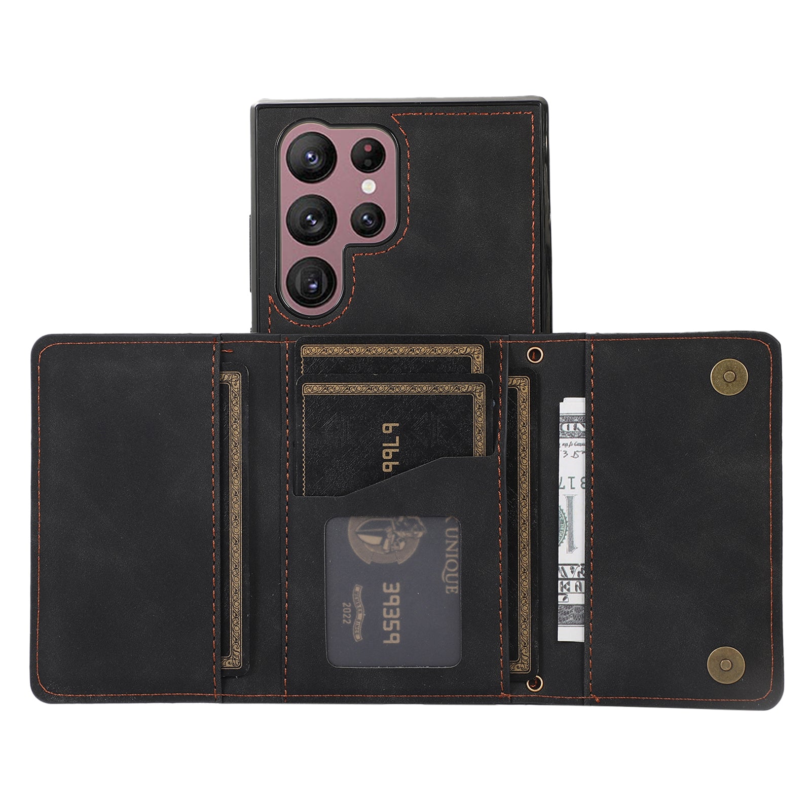 For Samsung Galaxy S24 Ultra Cell Phone Case Tri-fold Wallet Kickstand PU Leather Coated TPU Cover - Black