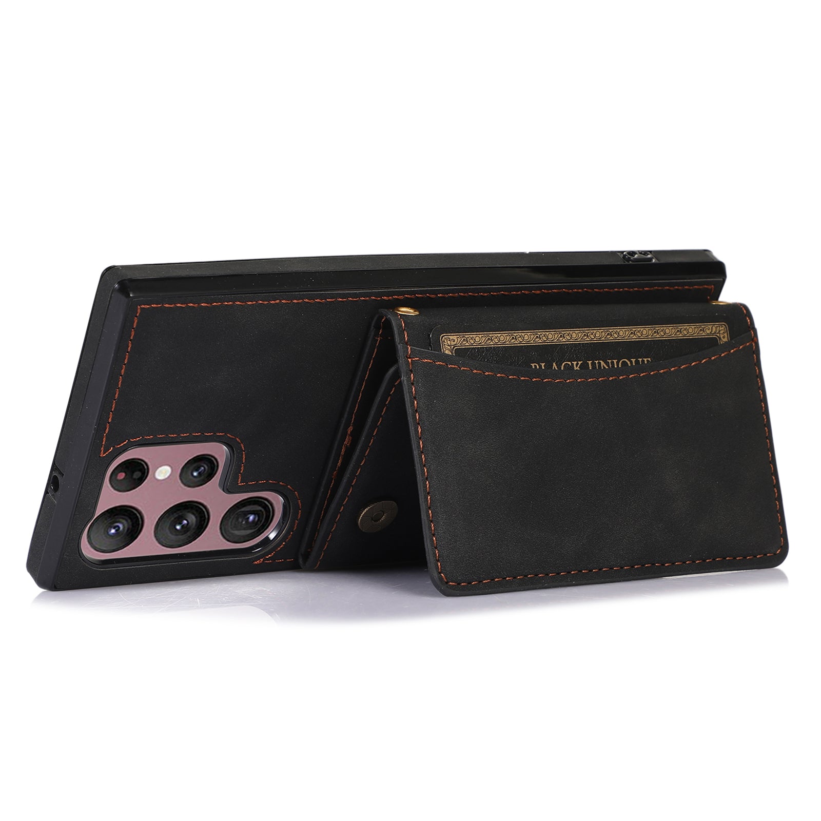 For Samsung Galaxy S24 Ultra Cell Phone Case Tri-fold Wallet Kickstand PU Leather Coated TPU Cover - Black