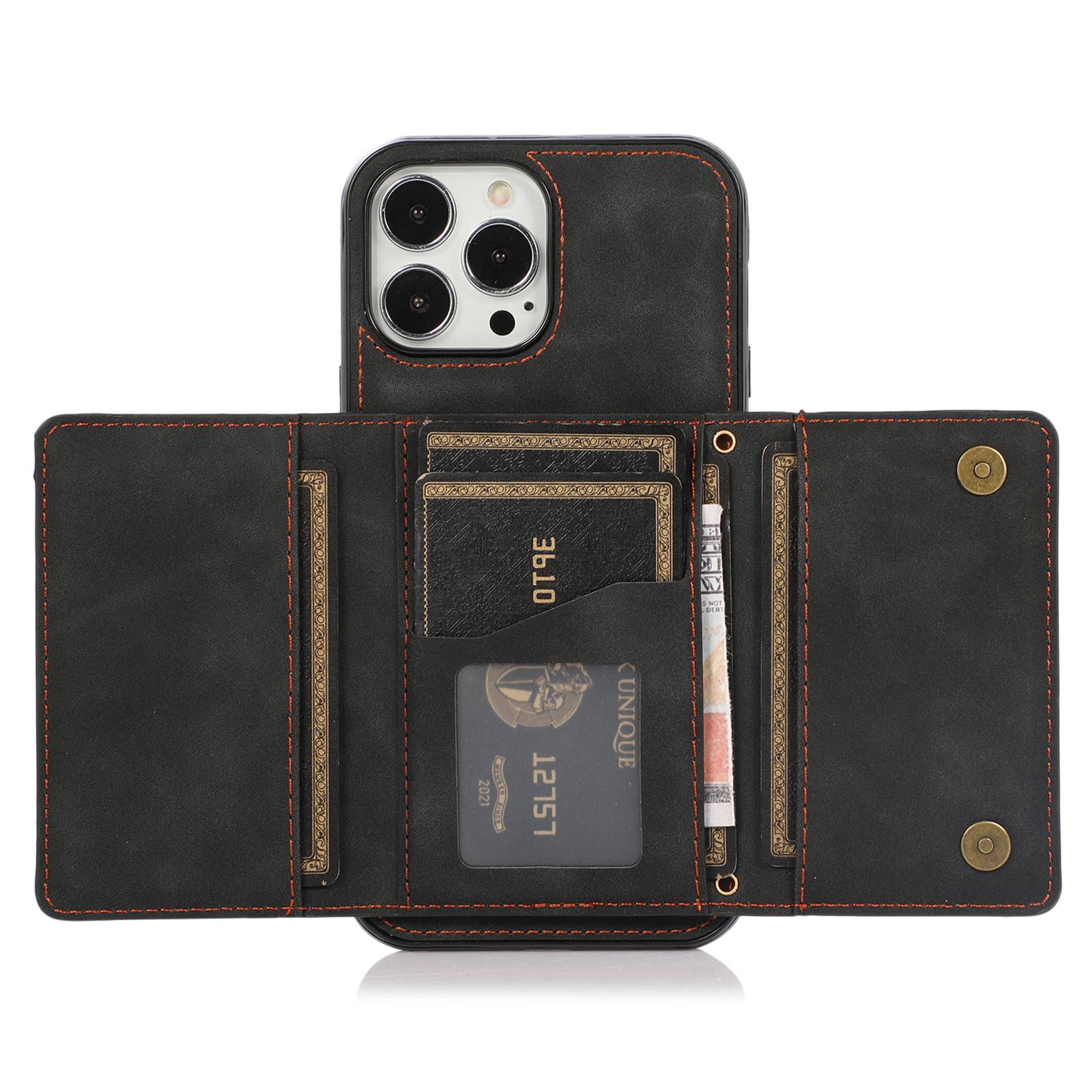 For iPhone 12 Pro Max 6.7 inch Cell Phone Case Tri-fold Wallet Anti-scratch PU Leather+TPU Cover - Black
