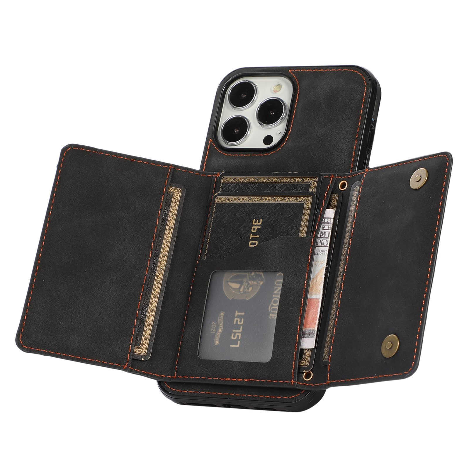 For iPhone 12 Pro Max 6.7 inch Cell Phone Case Tri-fold Wallet Anti-scratch PU Leather+TPU Cover - Black