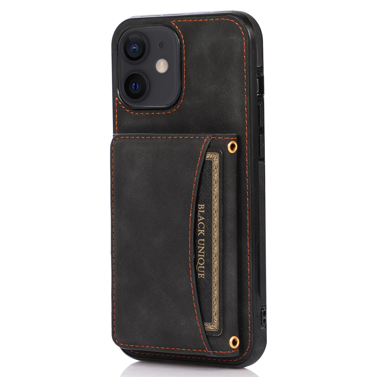 For iPhone 12 mini 5.4 inch Case Magnetic Button Tri-fold Wallet Kickstand PU Leather Coated TPU Cover - Black
