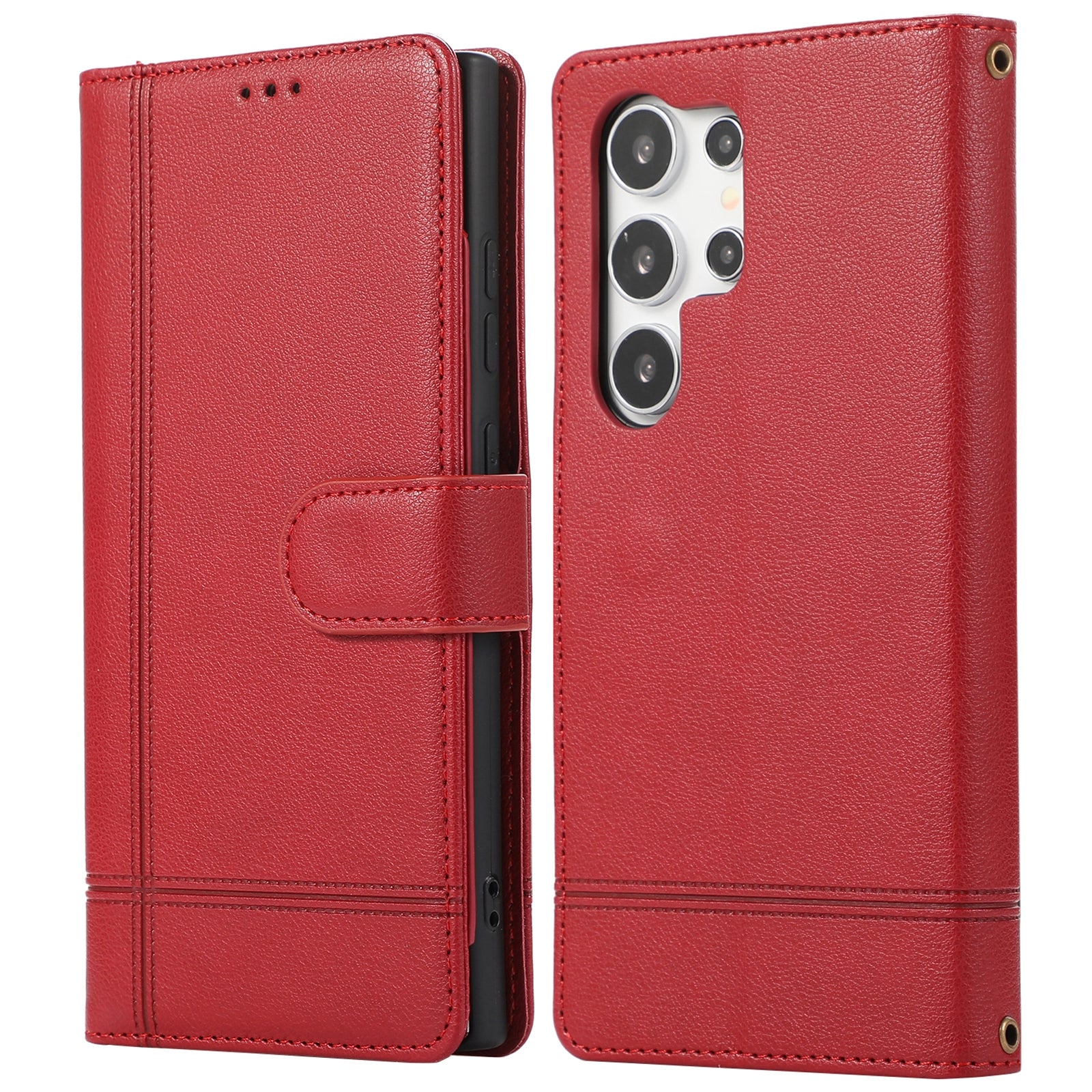 For Samsung Galaxy S24 Ultra Cell Phone Cases Folio Flip Leather Protection Cover with Mirror - Red