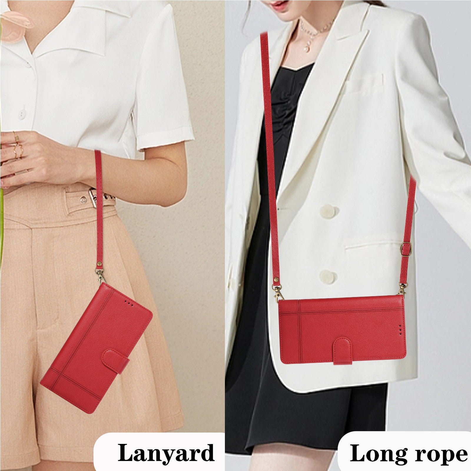 For Samsung Galaxy S24 Ultra Cell Phone Cases Folio Flip Leather Protection Cover with Mirror - Red