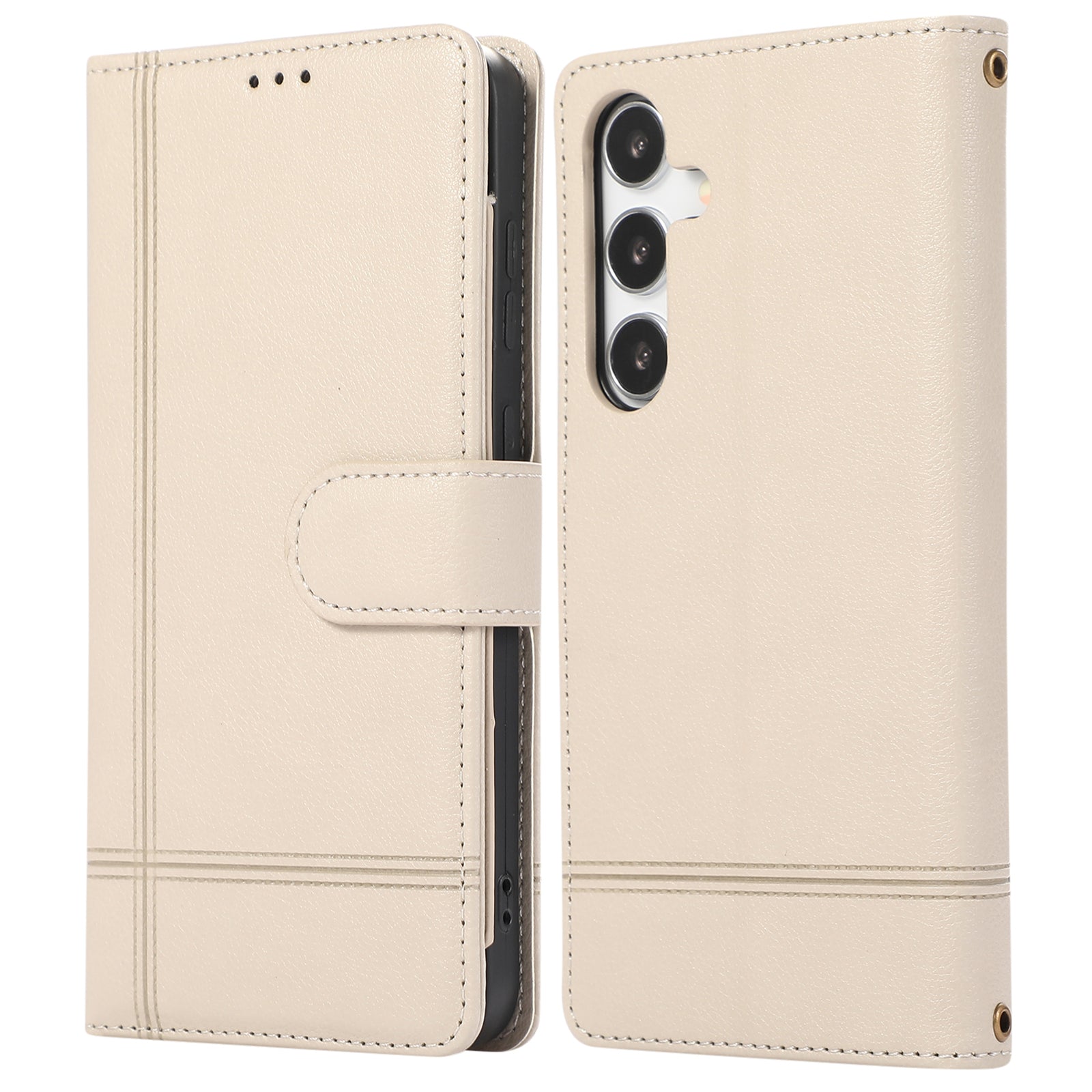 For Samsung Galaxy S24+ Case PU Leather Wallet Built-in Acrylic Mirror Phone Cover with 2 Straps - Beige