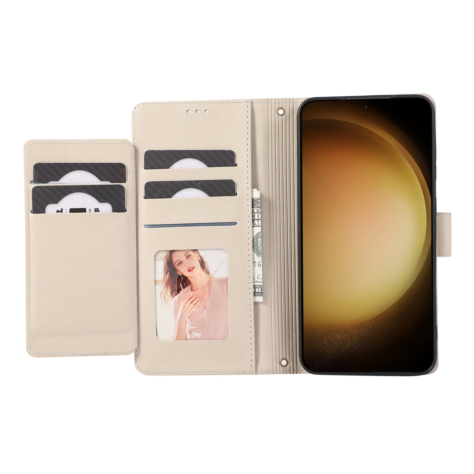 For Samsung Galaxy S24+ Case PU Leather Wallet Built-in Acrylic Mirror Phone Cover with 2 Straps - Beige