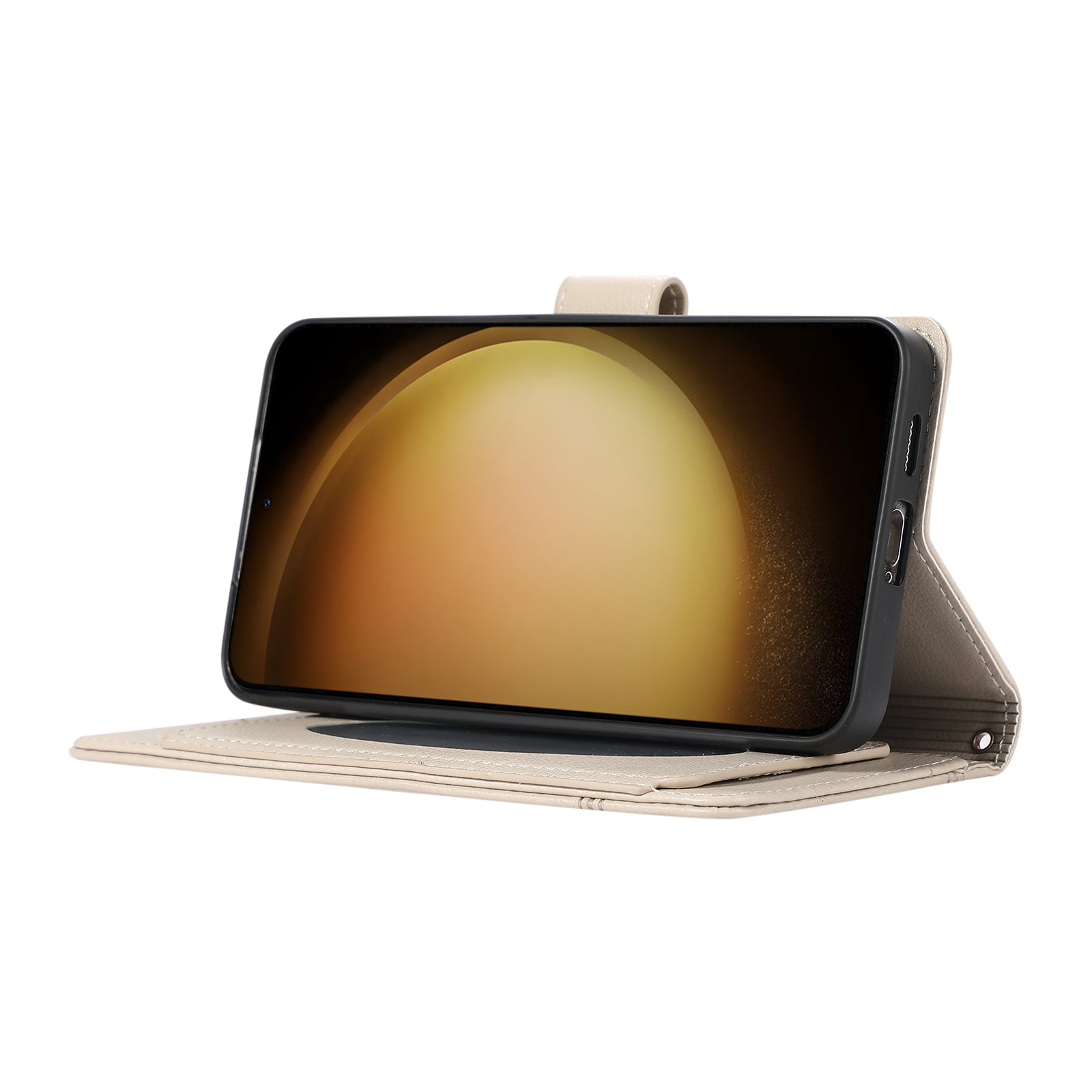 For Samsung Galaxy S24+ Case PU Leather Wallet Built-in Acrylic Mirror Phone Cover with 2 Straps - Beige