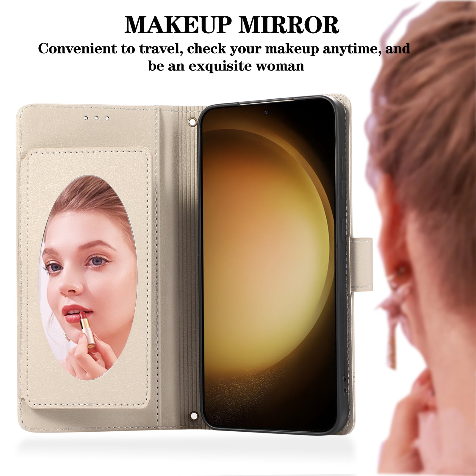 For Samsung Galaxy S24+ Case PU Leather Wallet Built-in Acrylic Mirror Phone Cover with 2 Straps - Beige