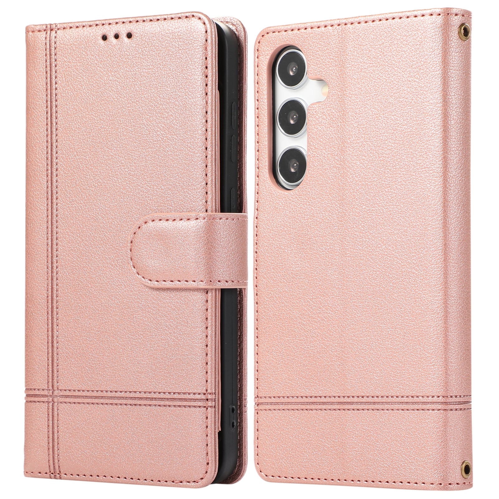 For Samsung Galaxy S24+ Case PU Leather Wallet Built-in Acrylic Mirror Phone Cover with 2 Straps - Beige