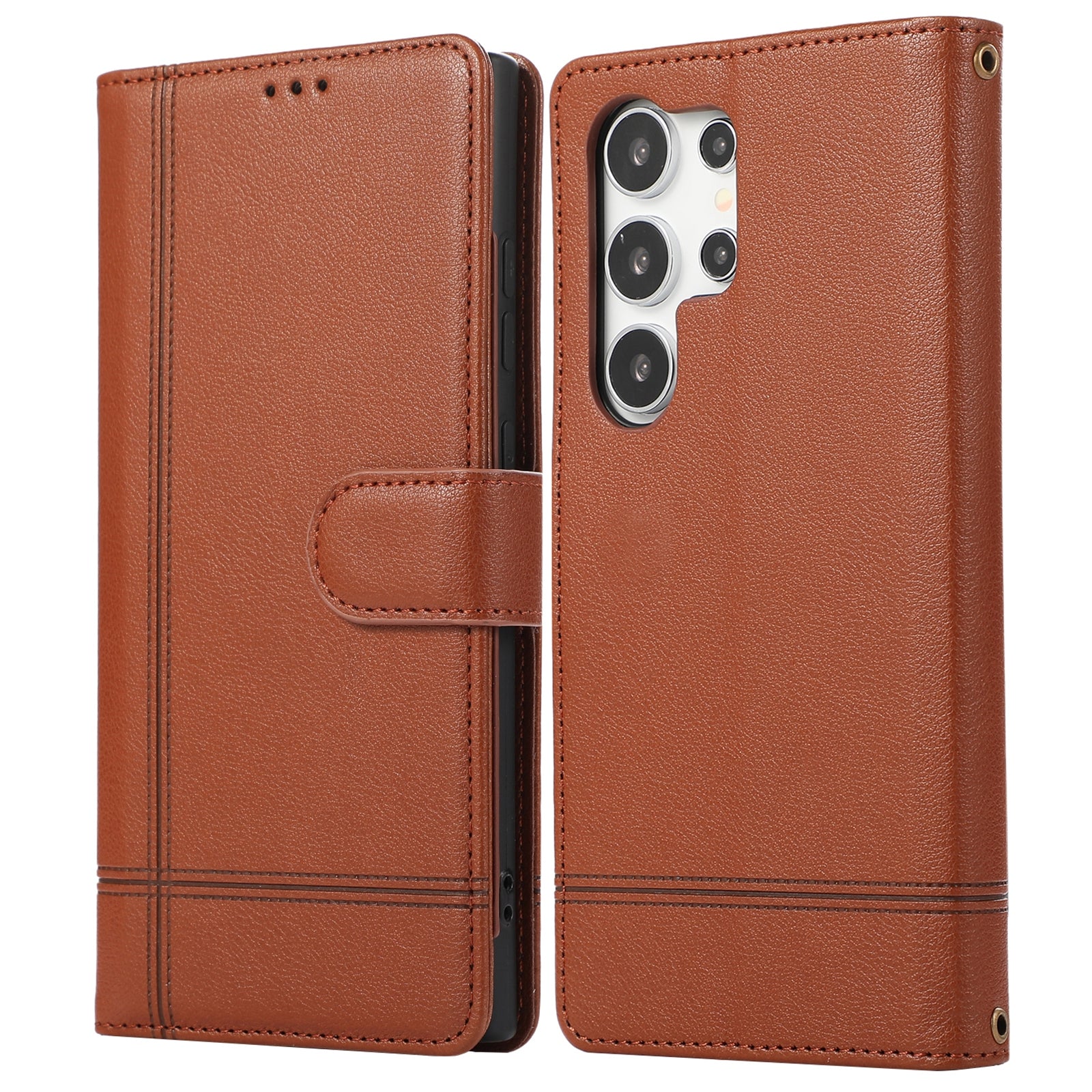 For Samsung Galaxy S23 Ultra Cell Phone Case PU Leather Wallet Flip Stand Cover with Acrylic Mirror - Brown