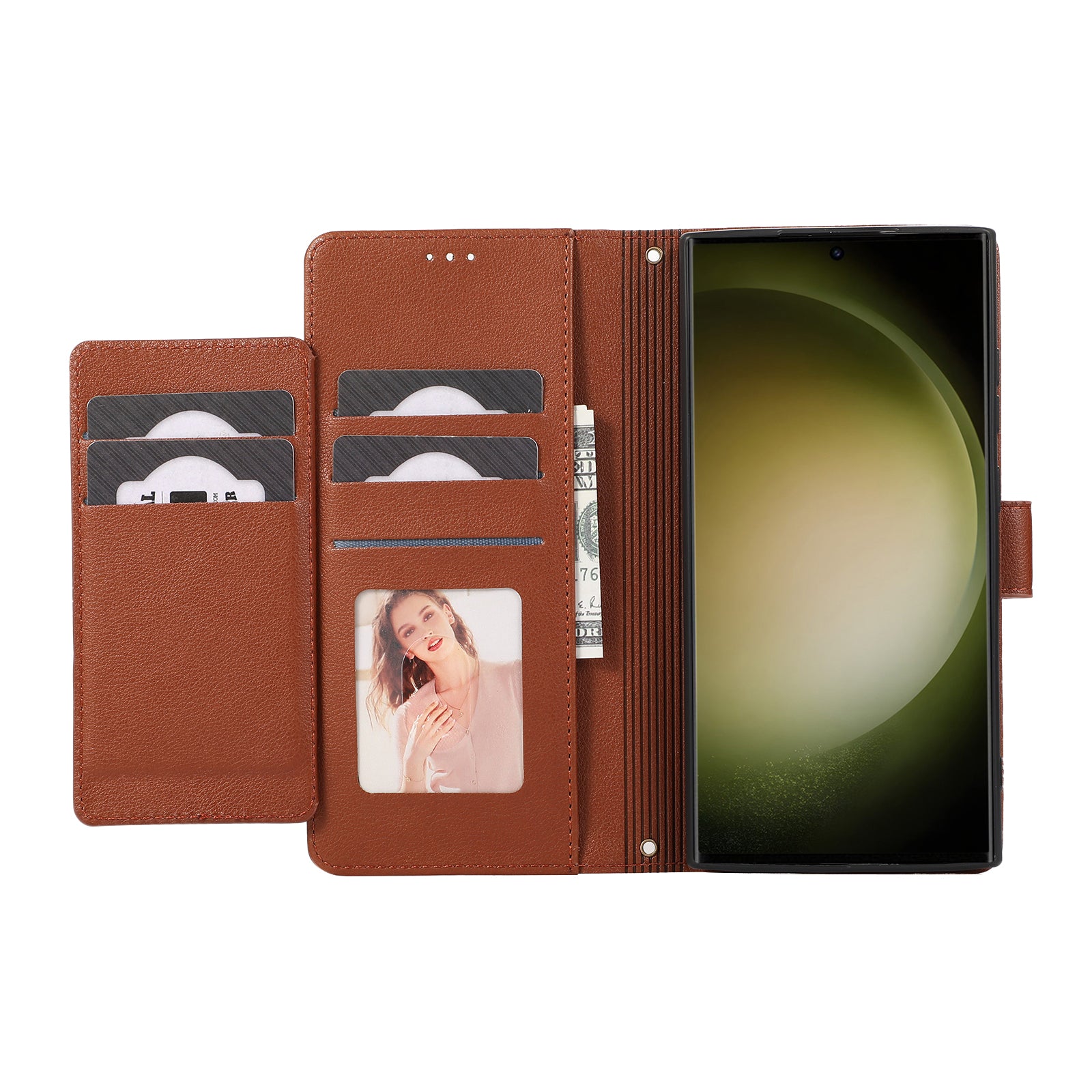 For Samsung Galaxy S23 Ultra Cell Phone Case PU Leather Wallet Flip Stand Cover with Acrylic Mirror - Brown