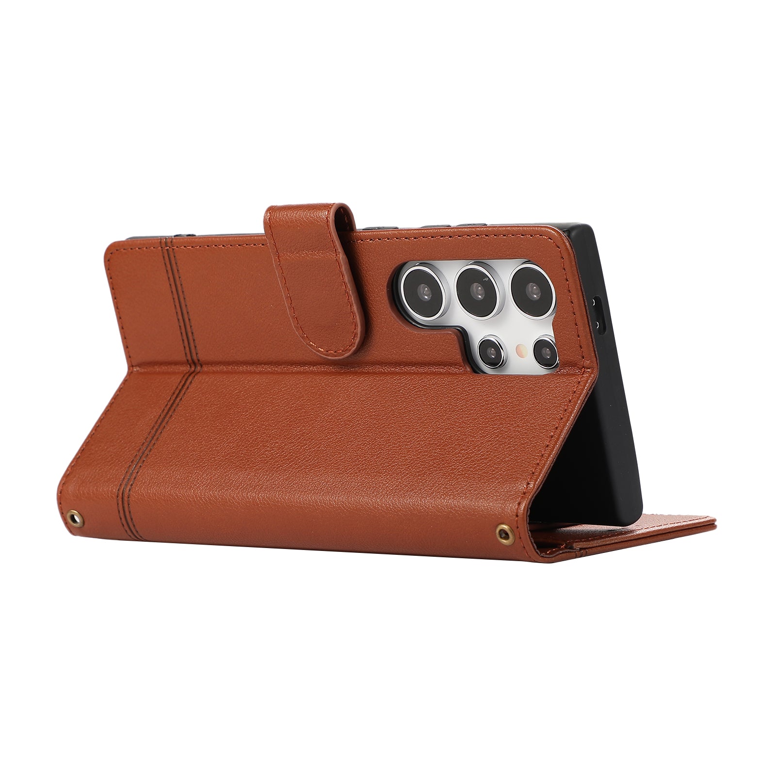 For Samsung Galaxy S23 Ultra Cell Phone Case PU Leather Wallet Flip Stand Cover with Acrylic Mirror - Brown