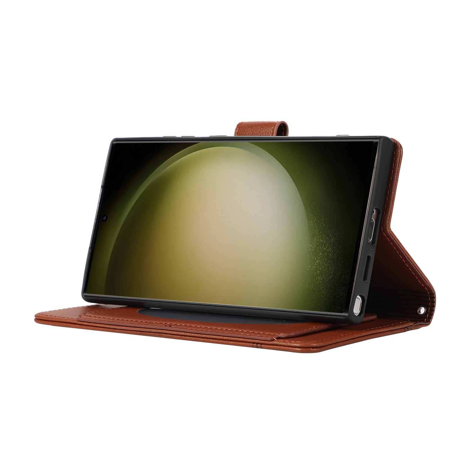 For Samsung Galaxy S23 Ultra Cell Phone Case PU Leather Wallet Flip Stand Cover with Acrylic Mirror - Brown