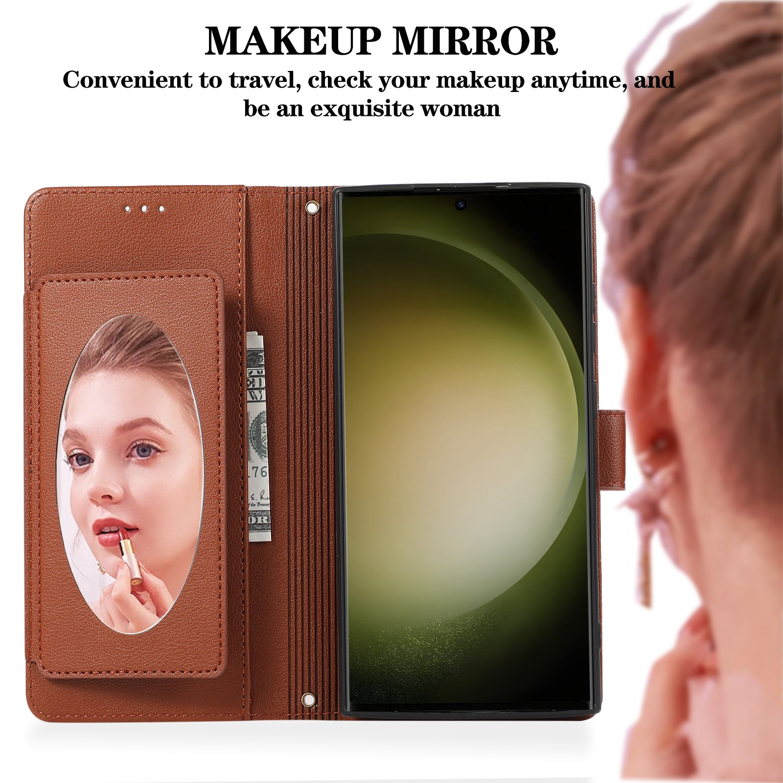For Samsung Galaxy S23 Ultra Cell Phone Case PU Leather Wallet Flip Stand Cover with Acrylic Mirror - Brown