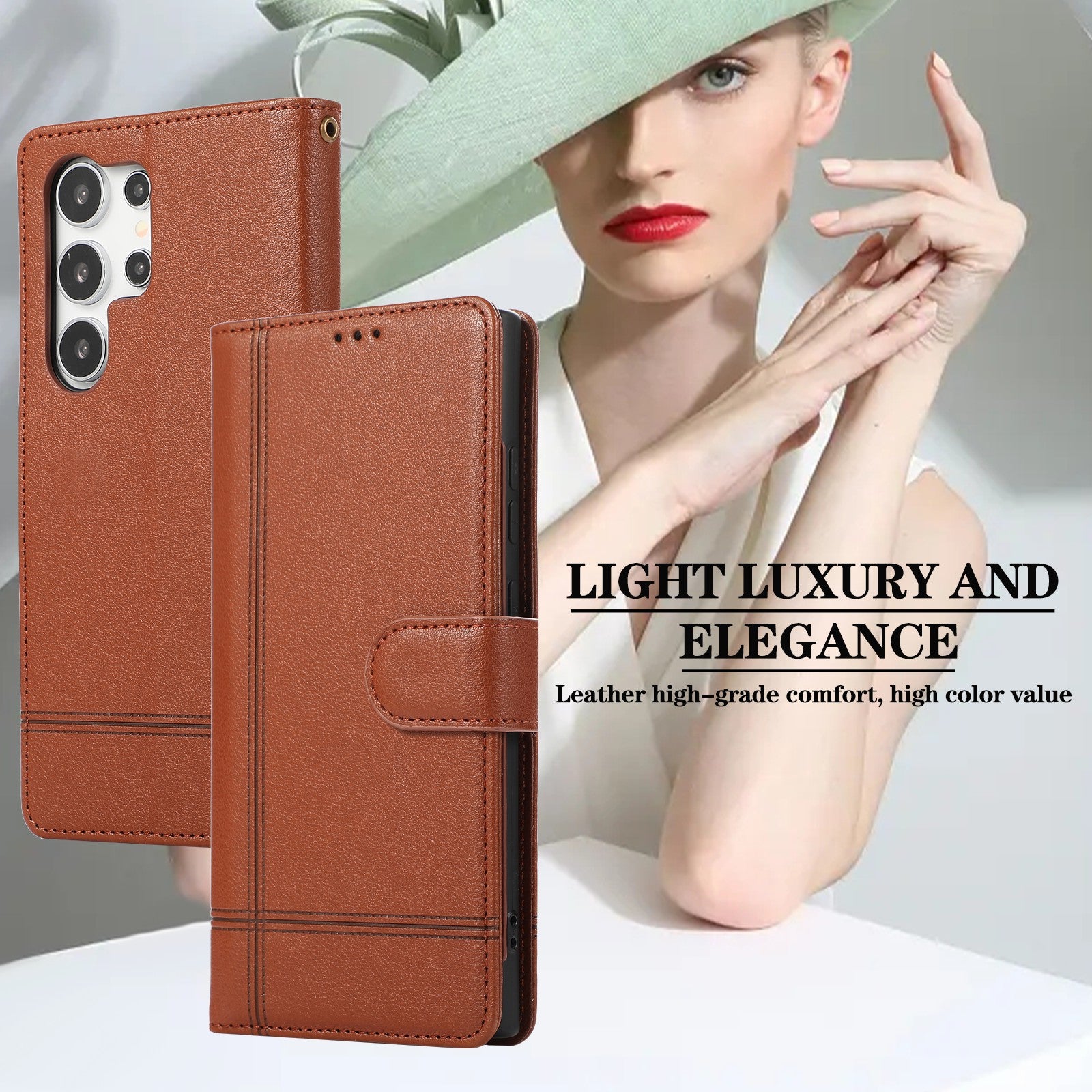 For Samsung Galaxy S23 Ultra Cell Phone Case PU Leather Wallet Flip Stand Cover with Acrylic Mirror - Brown