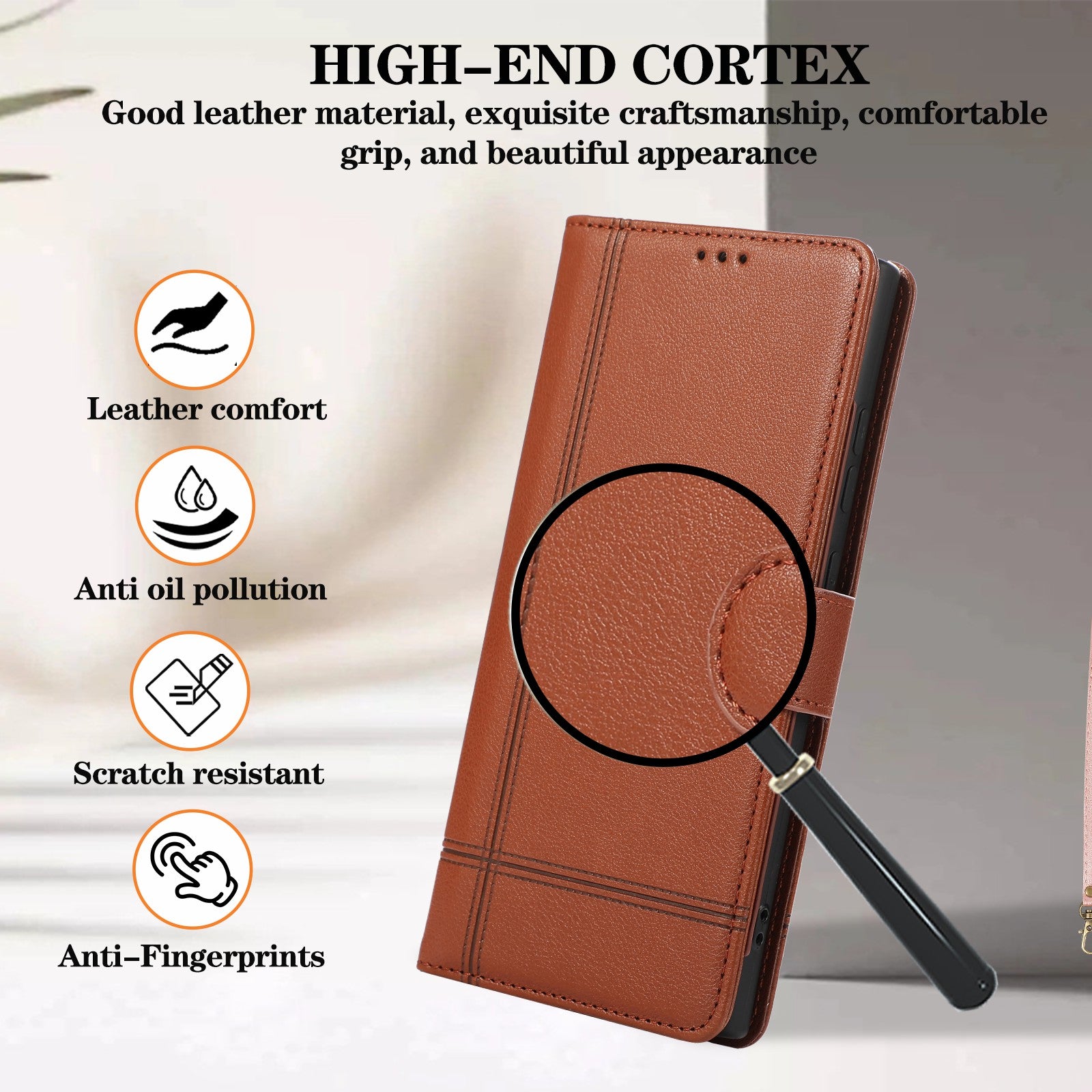 For Samsung Galaxy S23 Ultra Cell Phone Case PU Leather Wallet Flip Stand Cover with Acrylic Mirror - Brown