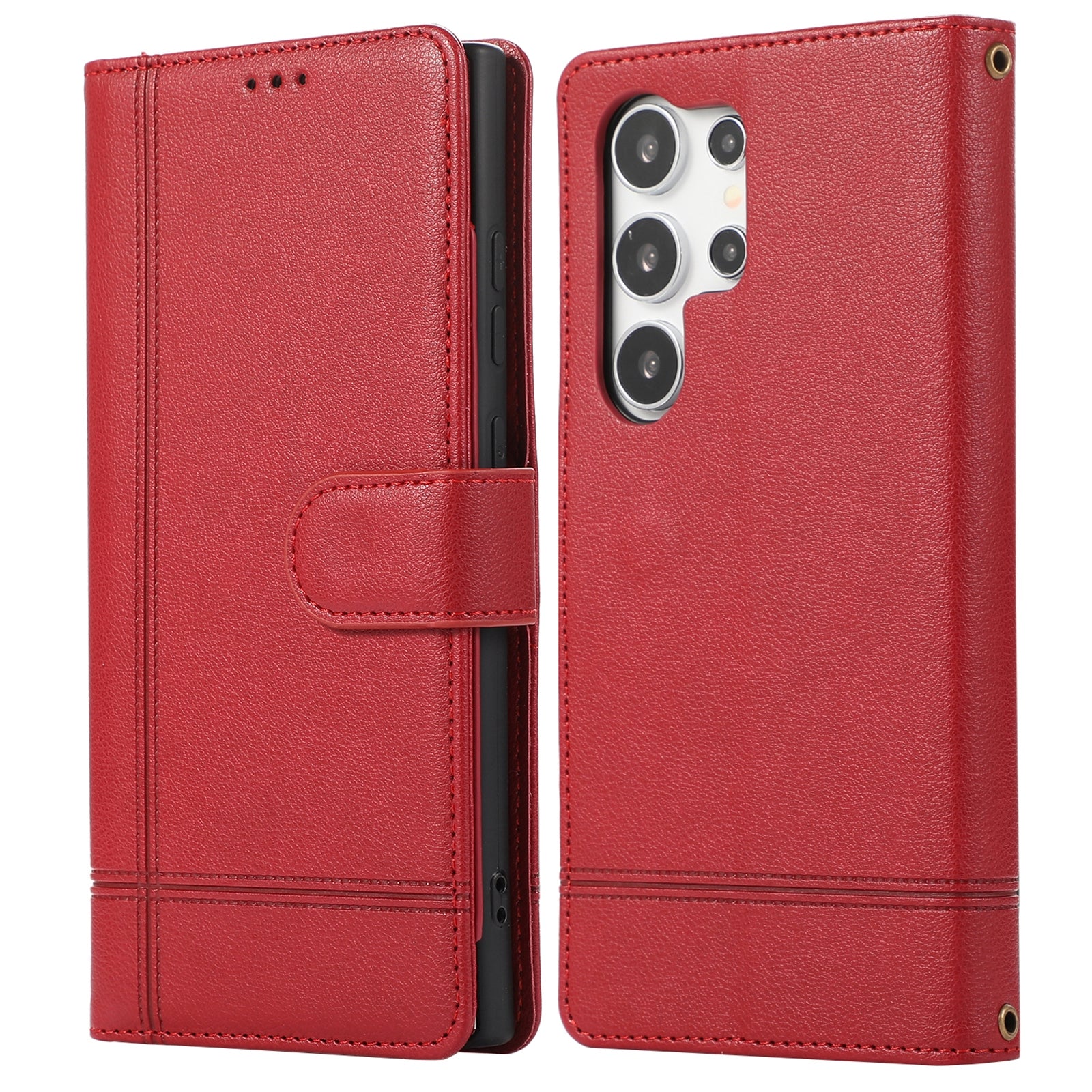 For Samsung Galaxy S23 Ultra Cell Phone Case PU Leather Wallet Flip Stand Cover with Acrylic Mirror - Brown