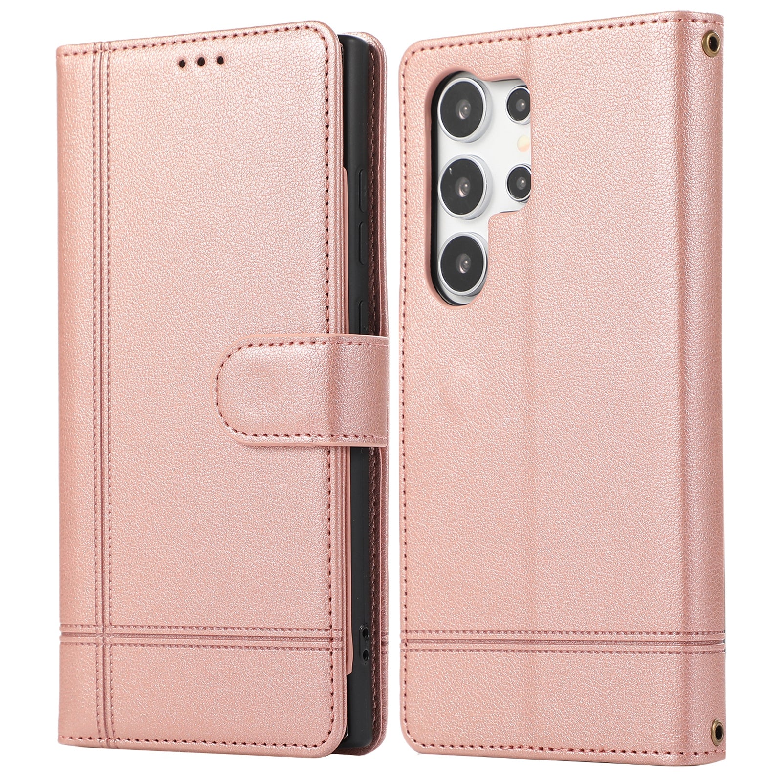 For Samsung Galaxy S23 Ultra Cell Phone Case PU Leather Wallet Flip Stand Cover with Acrylic Mirror - Brown