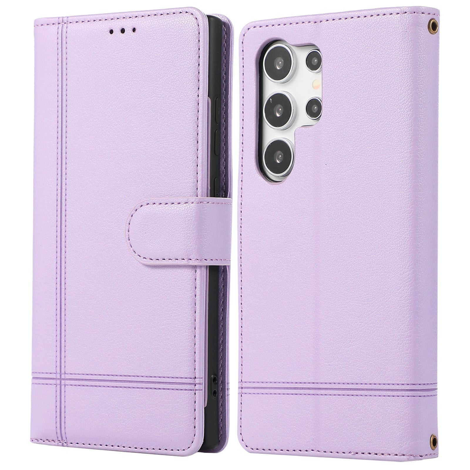 For Samsung Galaxy S23 Ultra Cell Phone Case PU Leather Wallet Flip Stand Cover with Acrylic Mirror - Brown
