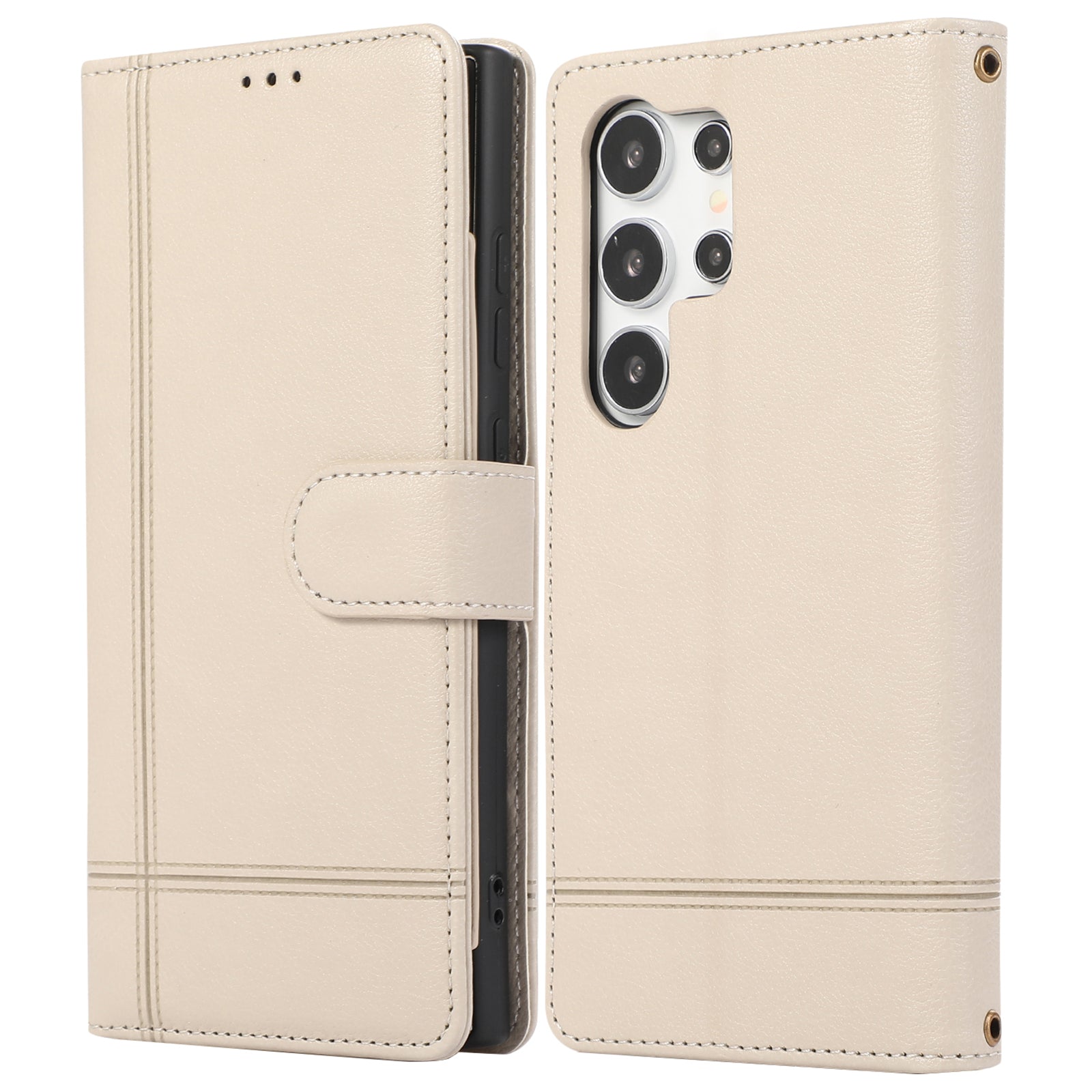 For Samsung Galaxy S23 Ultra Cell Phone Case PU Leather Wallet Flip Stand Cover with Acrylic Mirror - Brown