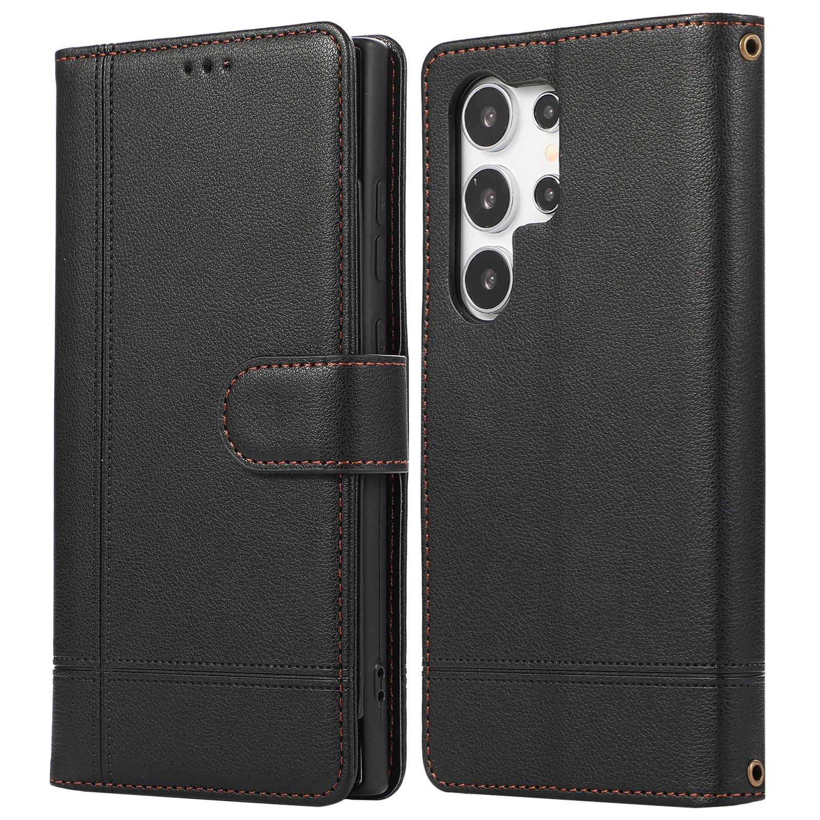 For Samsung Galaxy S23 Ultra Cell Phone Case PU Leather Wallet Flip Stand Cover with Acrylic Mirror - Brown