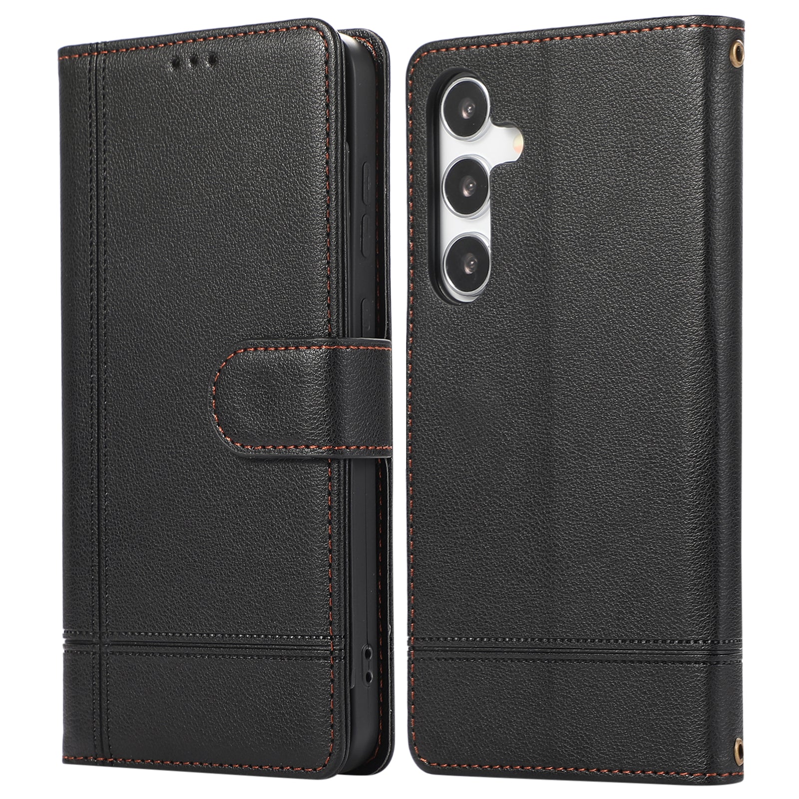 For Samsung Galaxy S24 Cell Phone Case PU Leather Stand Drop-proof Wallet Cover with 2 Straps - Black