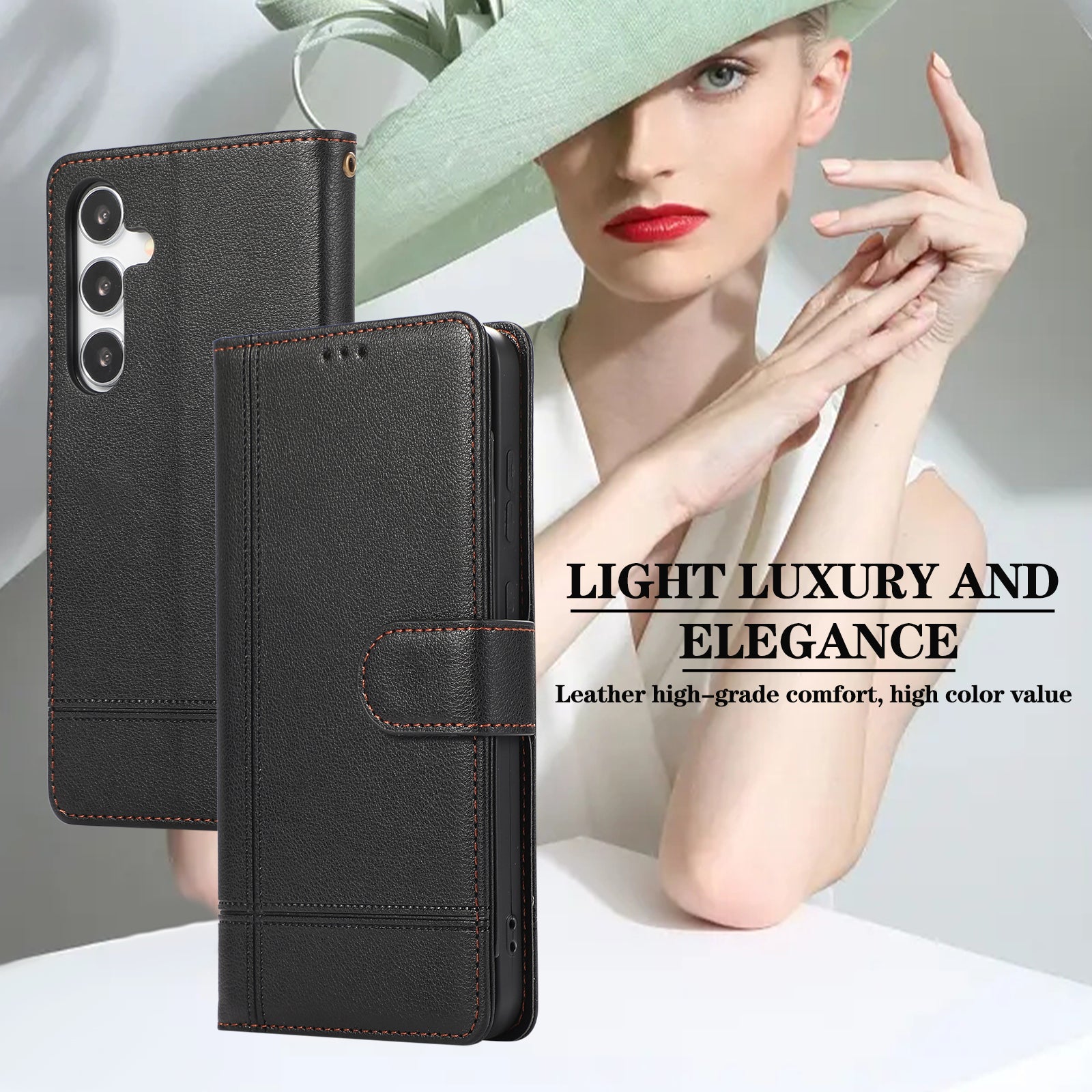 For Samsung Galaxy S24 Cell Phone Case PU Leather Stand Drop-proof Wallet Cover with 2 Straps - Black